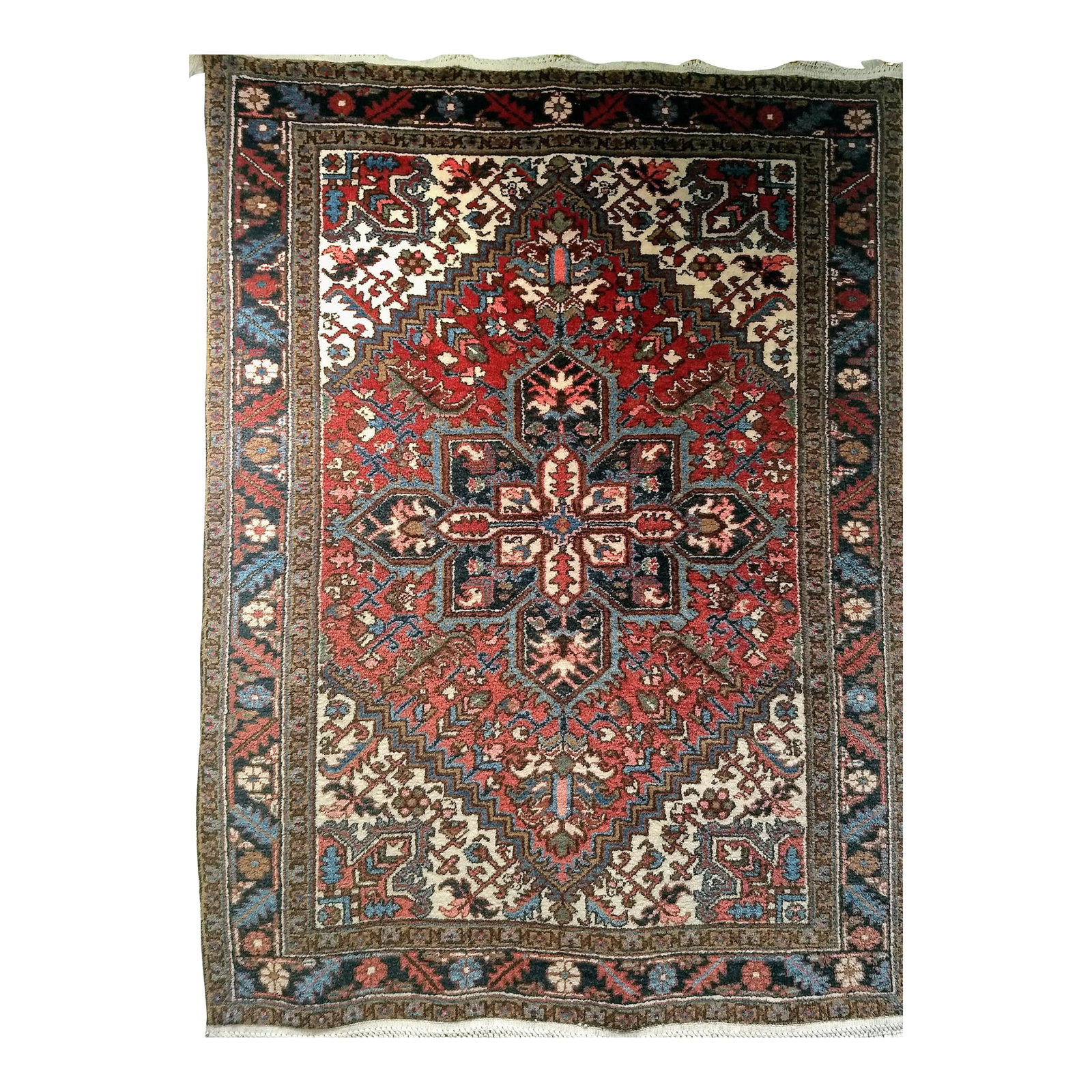 Vintage Persian Heriz Area Rug, Handwoven Geometric Pattern, Red & Navy, 5' X 7' (1 of 11)