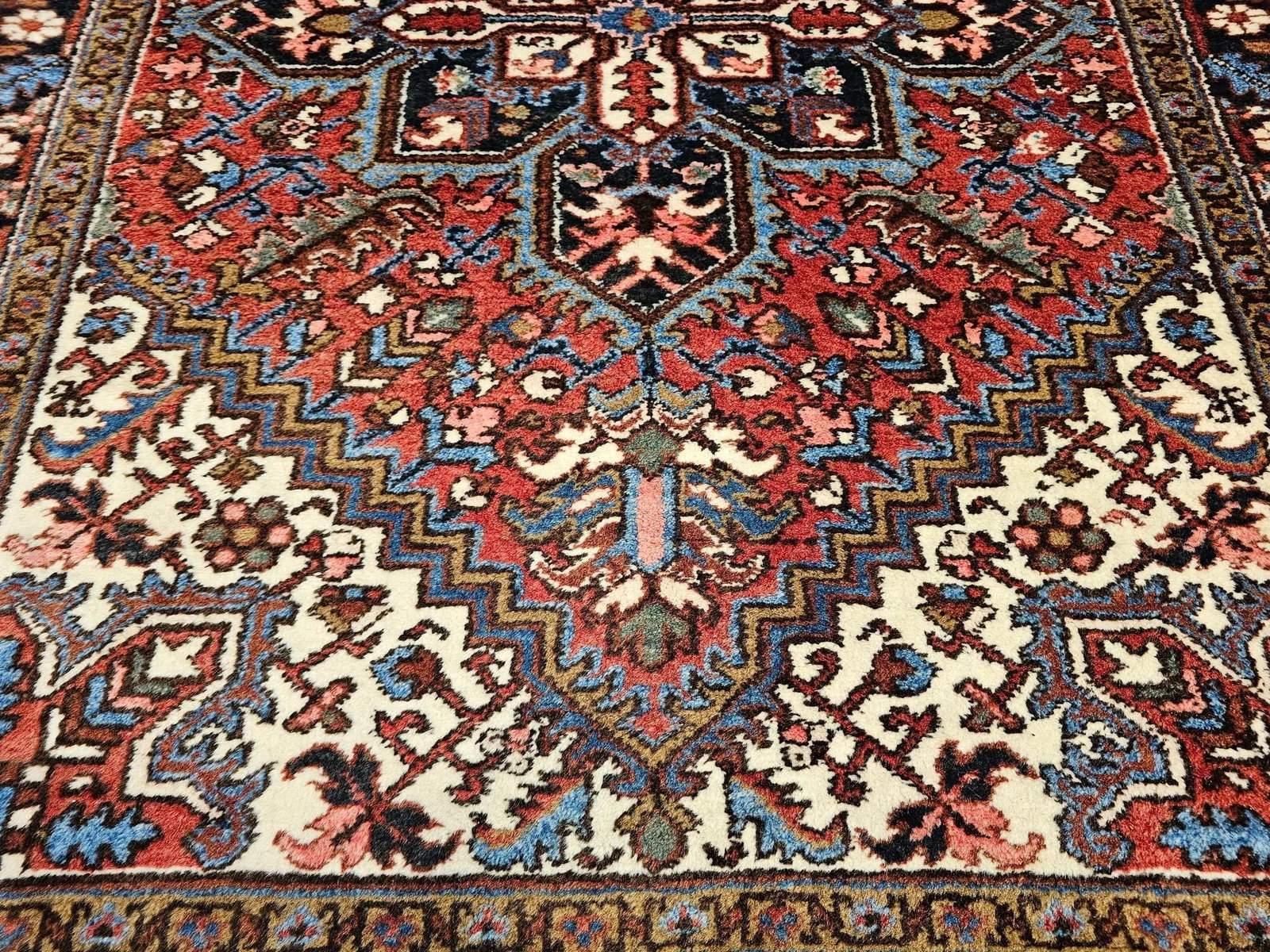 Vintage Persian Heriz Area Rug, Handwoven Geometric Pattern, Red & Navy, 5' X 7' - 8