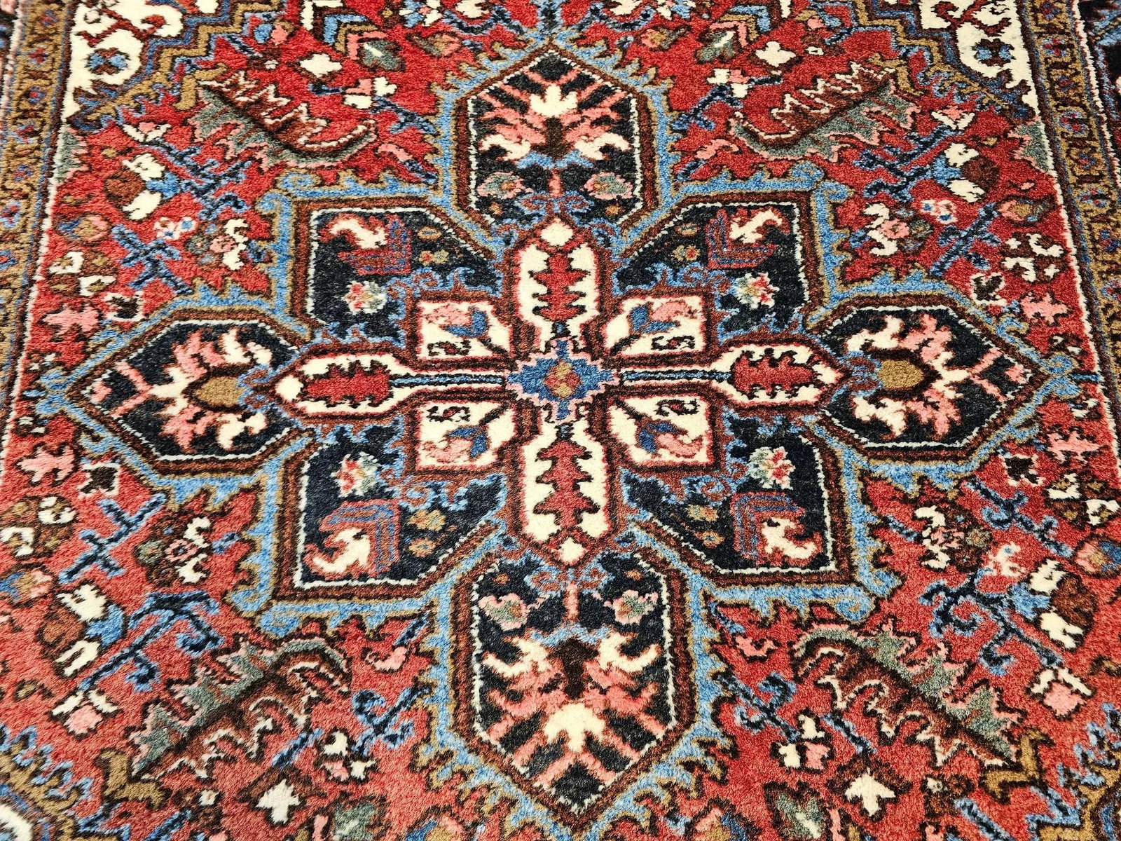 Vintage Persian Heriz Area Rug, Handwoven Geometric Pattern, Red & Navy, 5' X 7' - 9