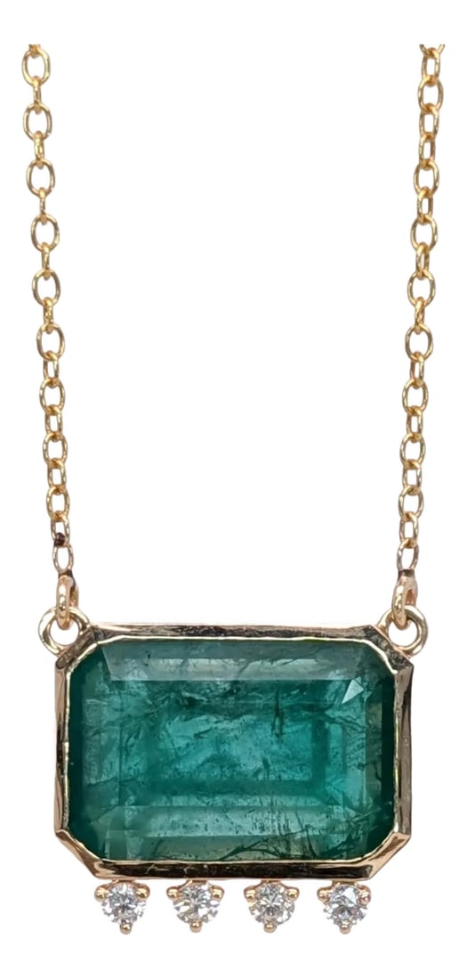 6ct Emerald Pendant w Natural Diamond Accents in Solid 14K Gold | EM 15x10mm: A beautiful pendant with a classic design that showcases this beautiful 15x10mm Emerald with attached chain! Perfect for any occasion as a simple statement necklace! This pendant also makes a
