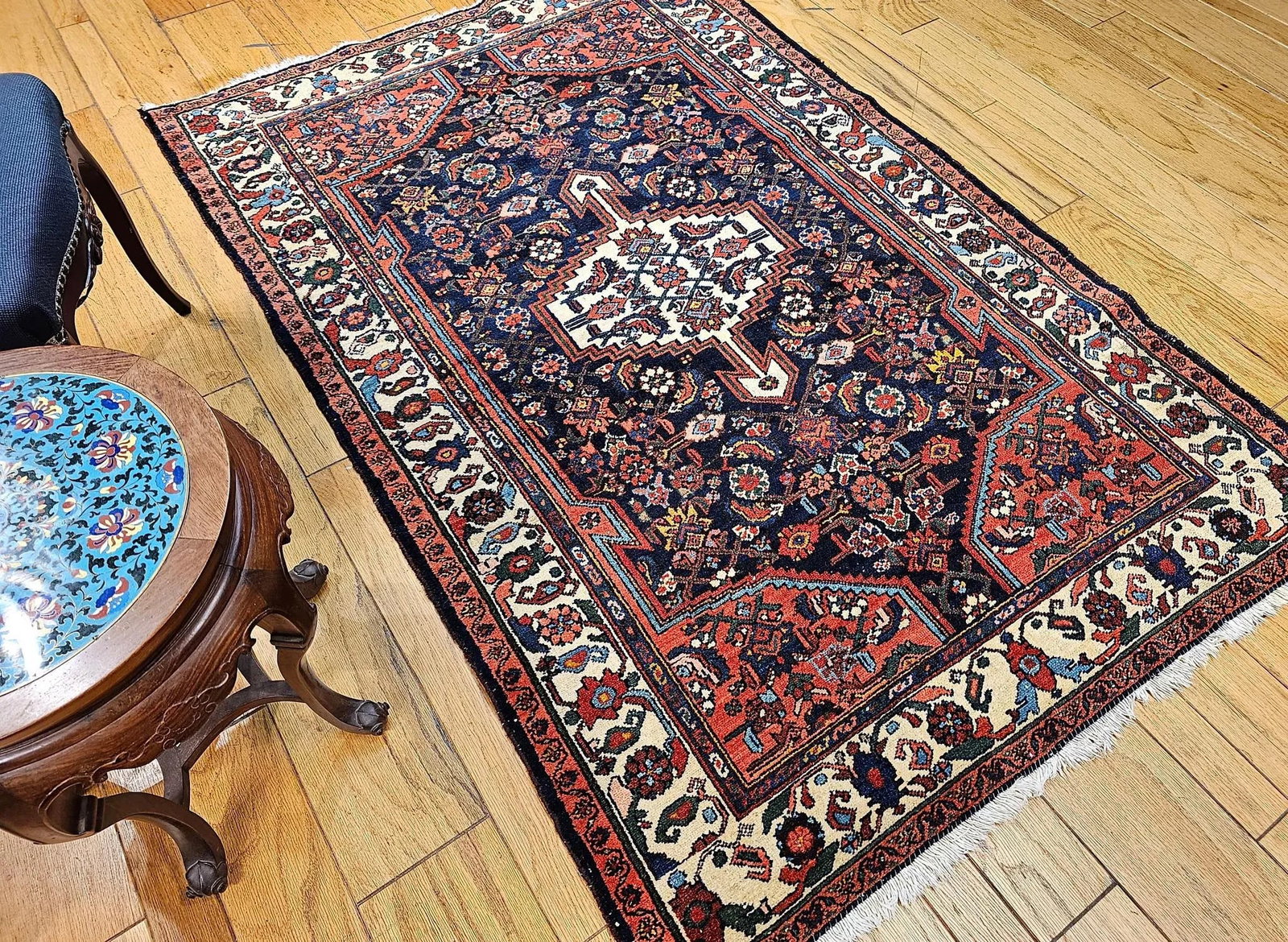 Vintage Persian Bakhtiari Area Rug, Handwoven Floral Pattern, Navy & Ivory, 5' X 7' - 10