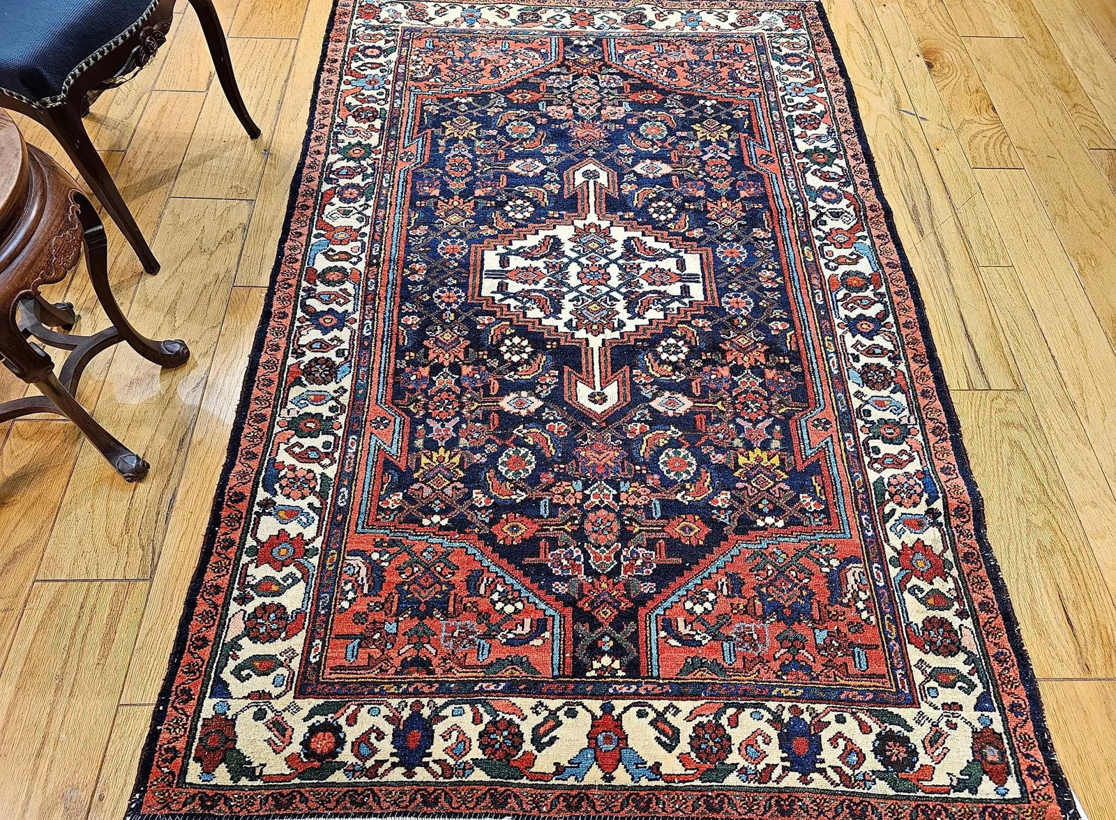 Vintage Persian Bakhtiari Area Rug, Handwoven Floral Pattern, Navy & Ivory, 5' X 7' - 11