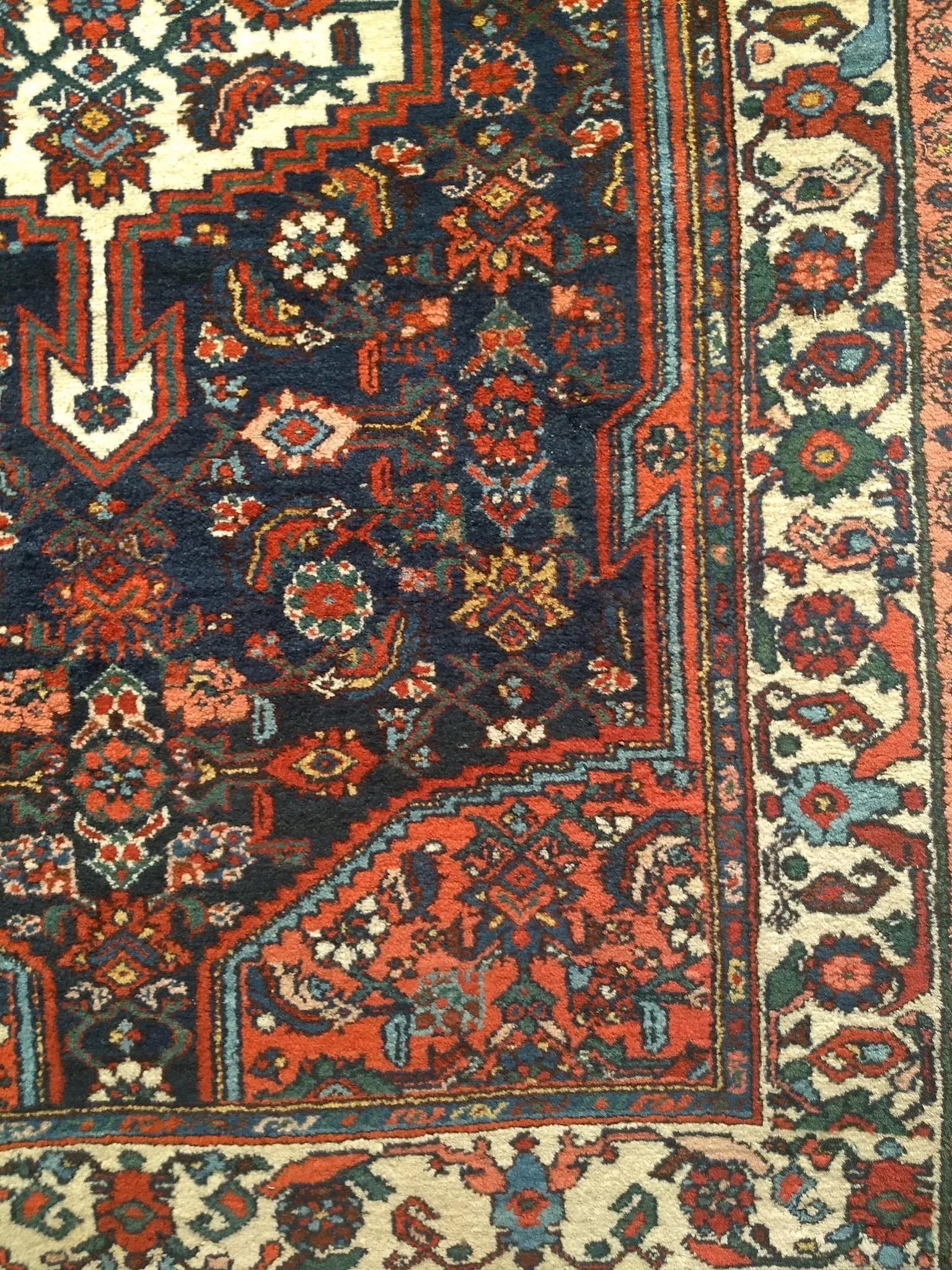 Vintage Persian Bakhtiari Area Rug, Handwoven Floral Pattern, Navy & Ivory, 5' X 7' - 8