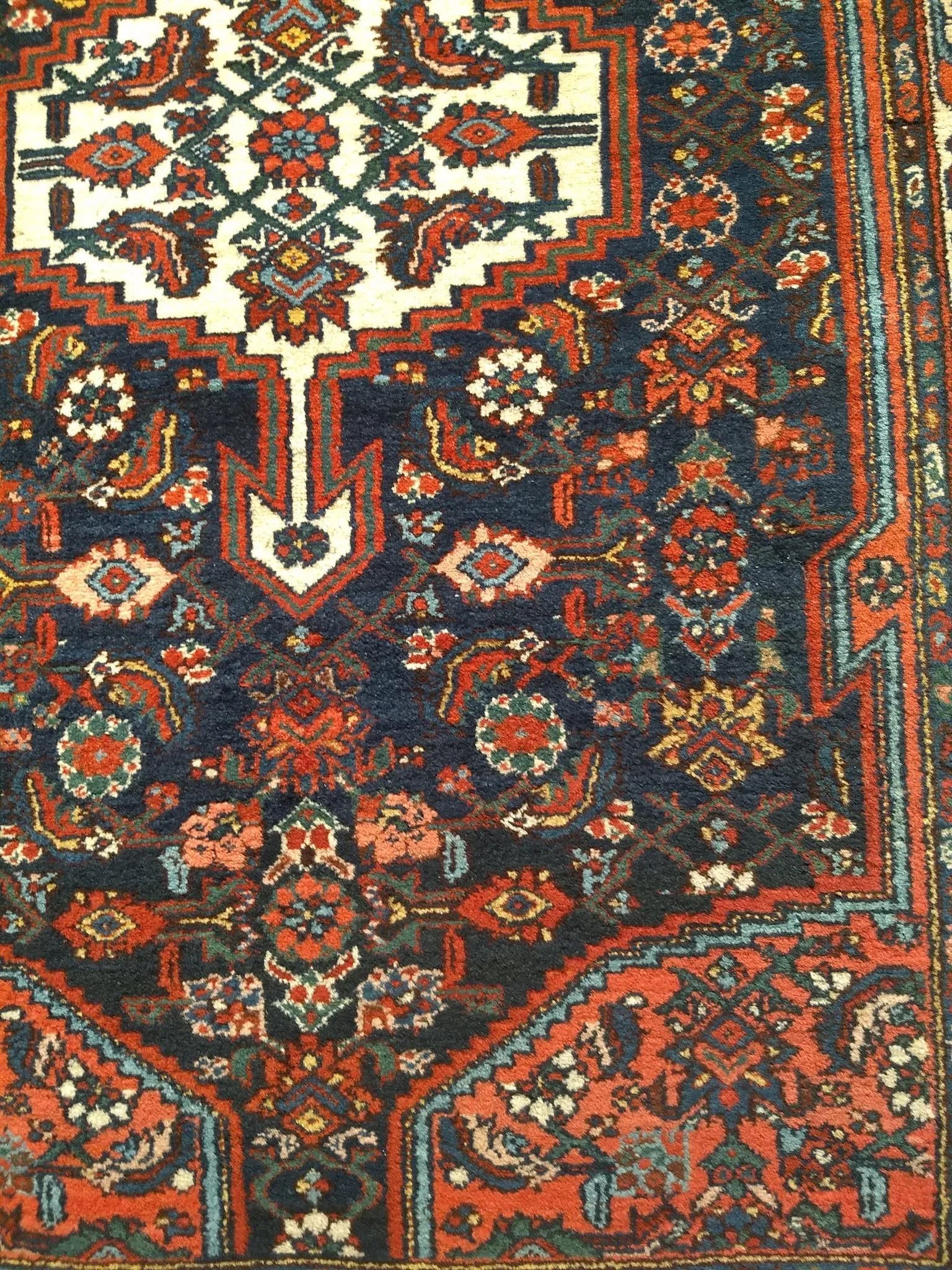 Vintage Persian Bakhtiari Area Rug, Handwoven Floral Pattern, Navy & Ivory, 5' X 7' - 9