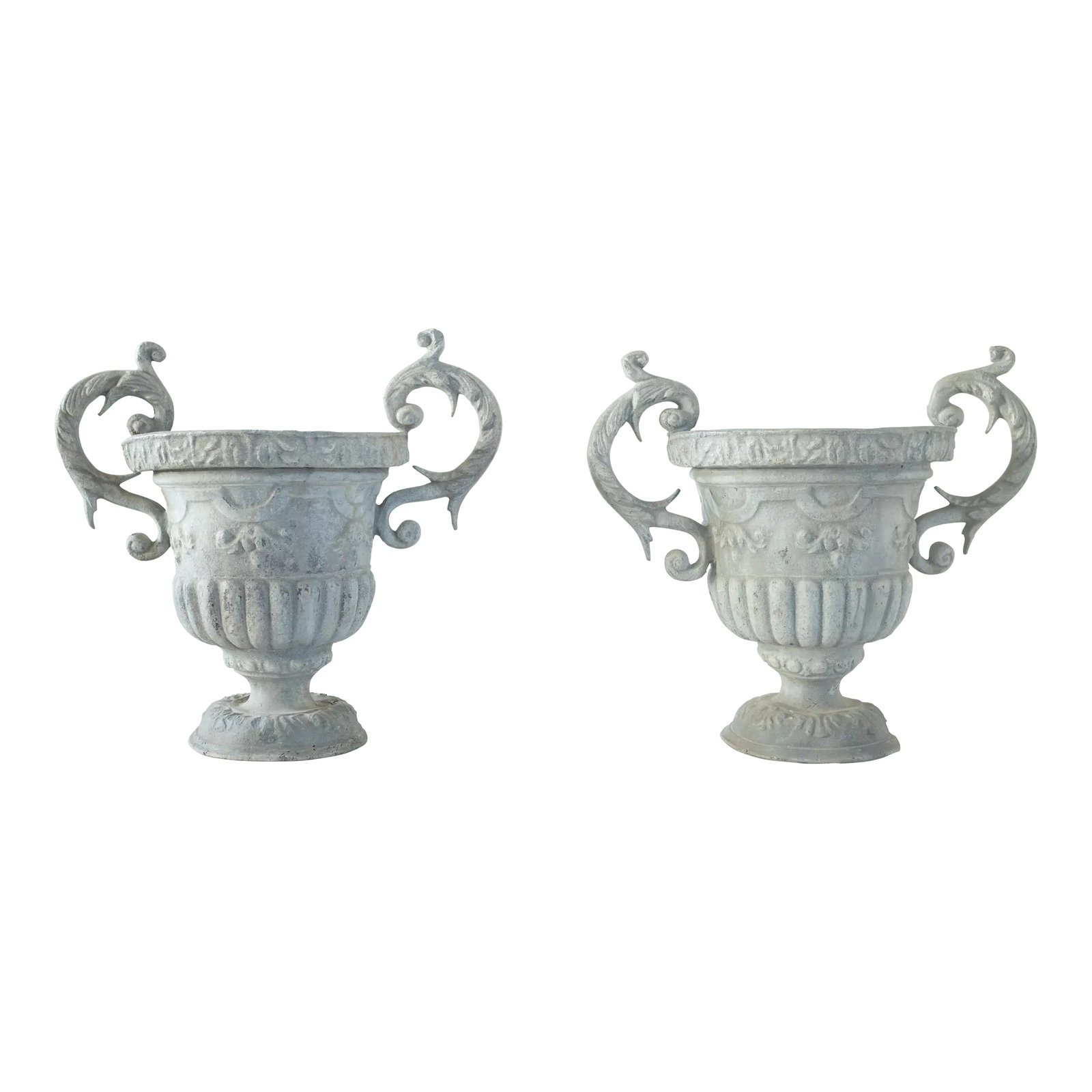19th Century Zinc Urns: This exceptional pair of antique French zinc vases originates from the heart of Paris, France. Crafted in the style of the Directoire period (1770-1790), these urns showcase the elegance and