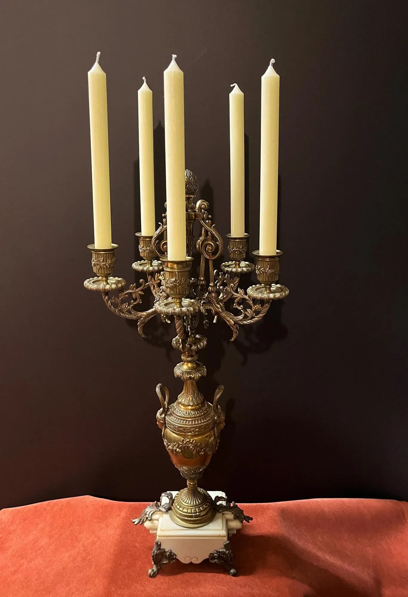 Antique Rococo Revival Baroque-Style Brass & Marble 5-Arm Candelabras- a Pair - 11