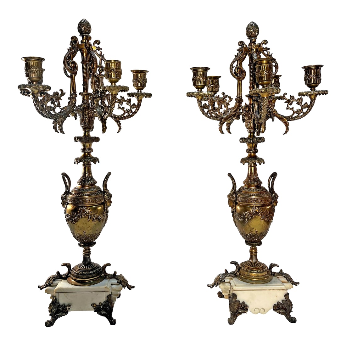 Antique Rococo Revival Baroque-Style Brass & Marble 5-Arm Candelabras- a Pair: Standing 24.5" tall on marble bases, these 100-plus year-old baroque-style 5-arm candelabras are unusual for their height and for their hand-carved, cream-colored, fine Italianate marble bases. They h