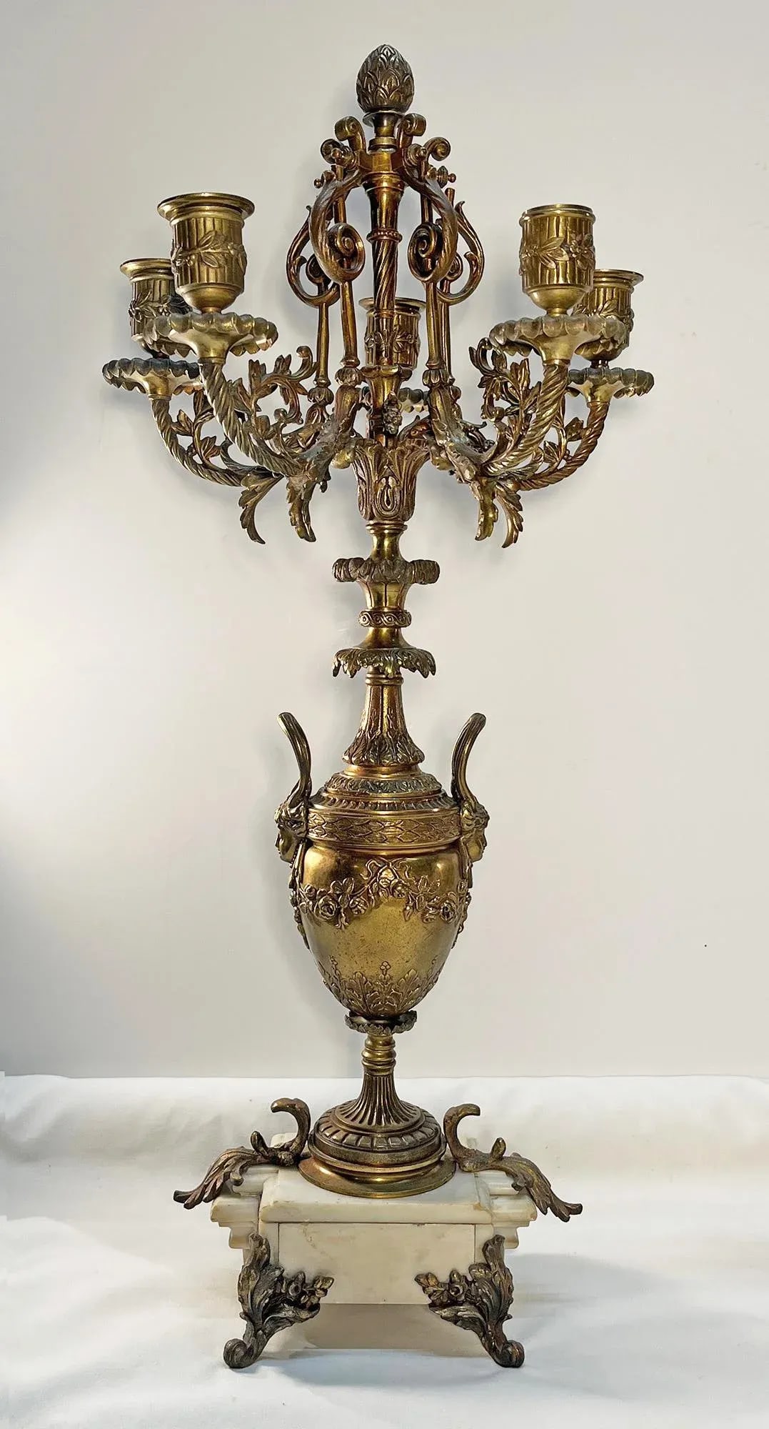 Antique Rococo Revival Baroque-Style Brass & Marble 5-Arm Candelabras- a Pair - 2