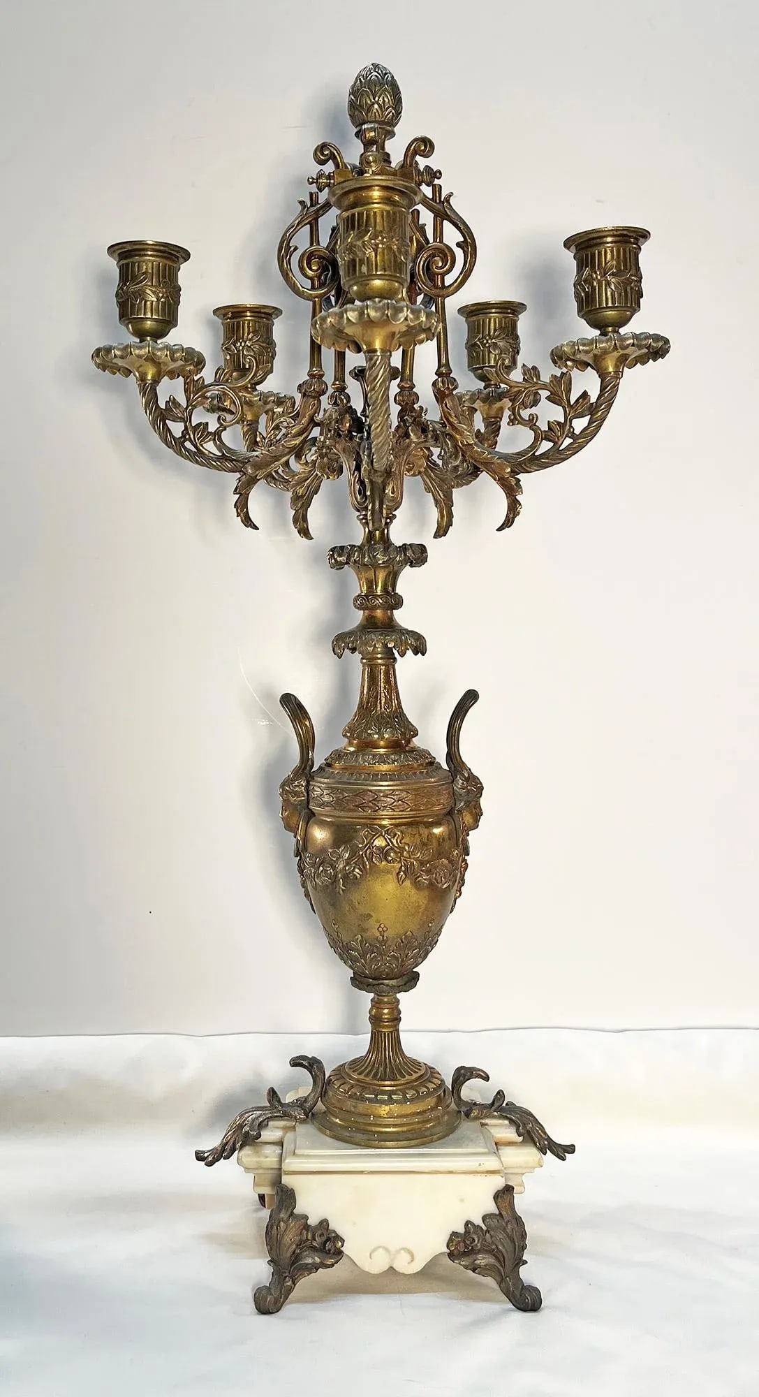 Antique Rococo Revival Baroque-Style Brass & Marble 5-Arm Candelabras- a Pair - 3
