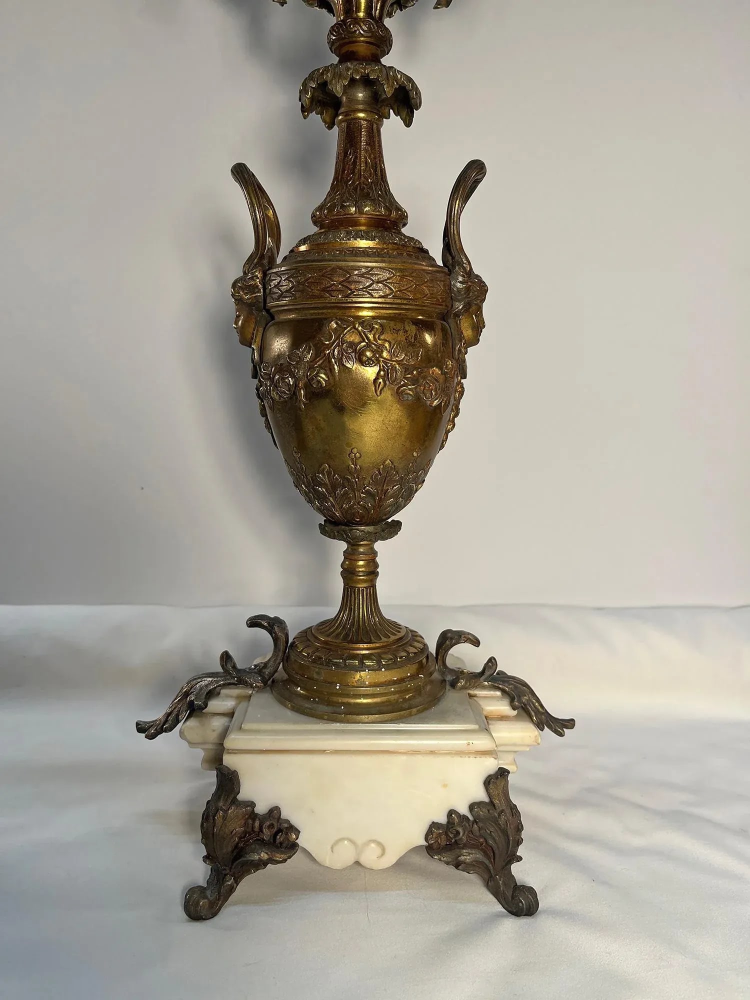 Antique Rococo Revival Baroque-Style Brass & Marble 5-Arm Candelabras- a Pair - 4