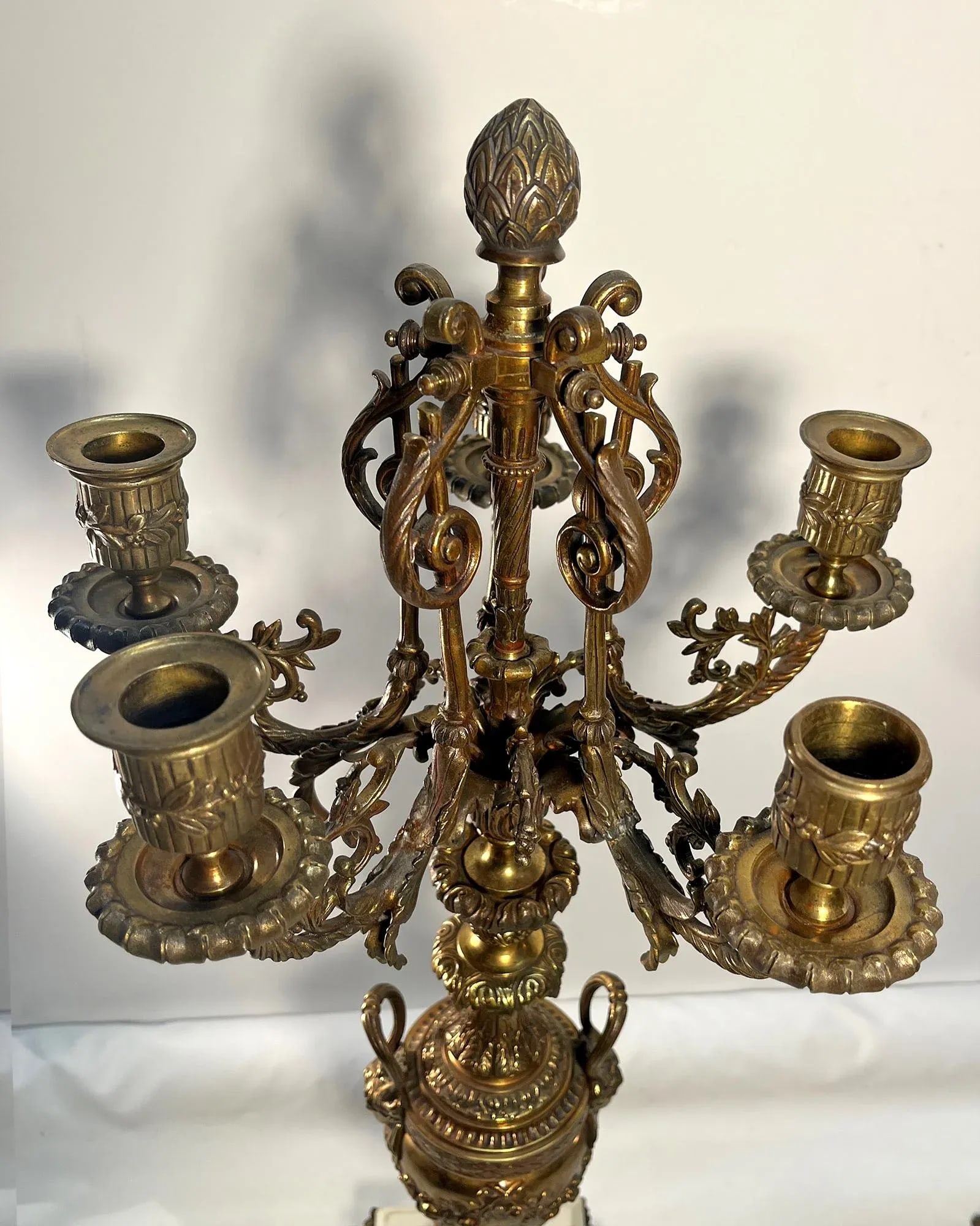 Antique Rococo Revival Baroque-Style Brass & Marble 5-Arm Candelabras- a Pair - 6