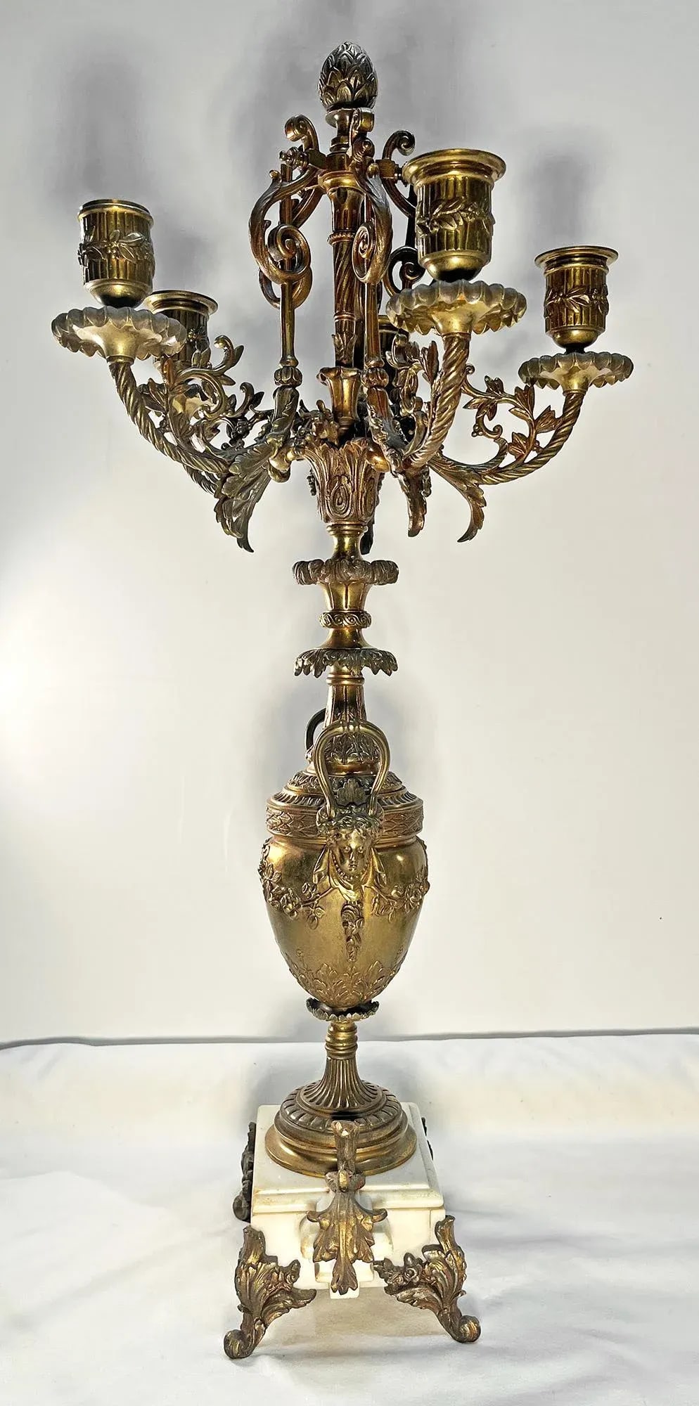 Antique Rococo Revival Baroque-Style Brass & Marble 5-Arm Candelabras- a Pair - 7