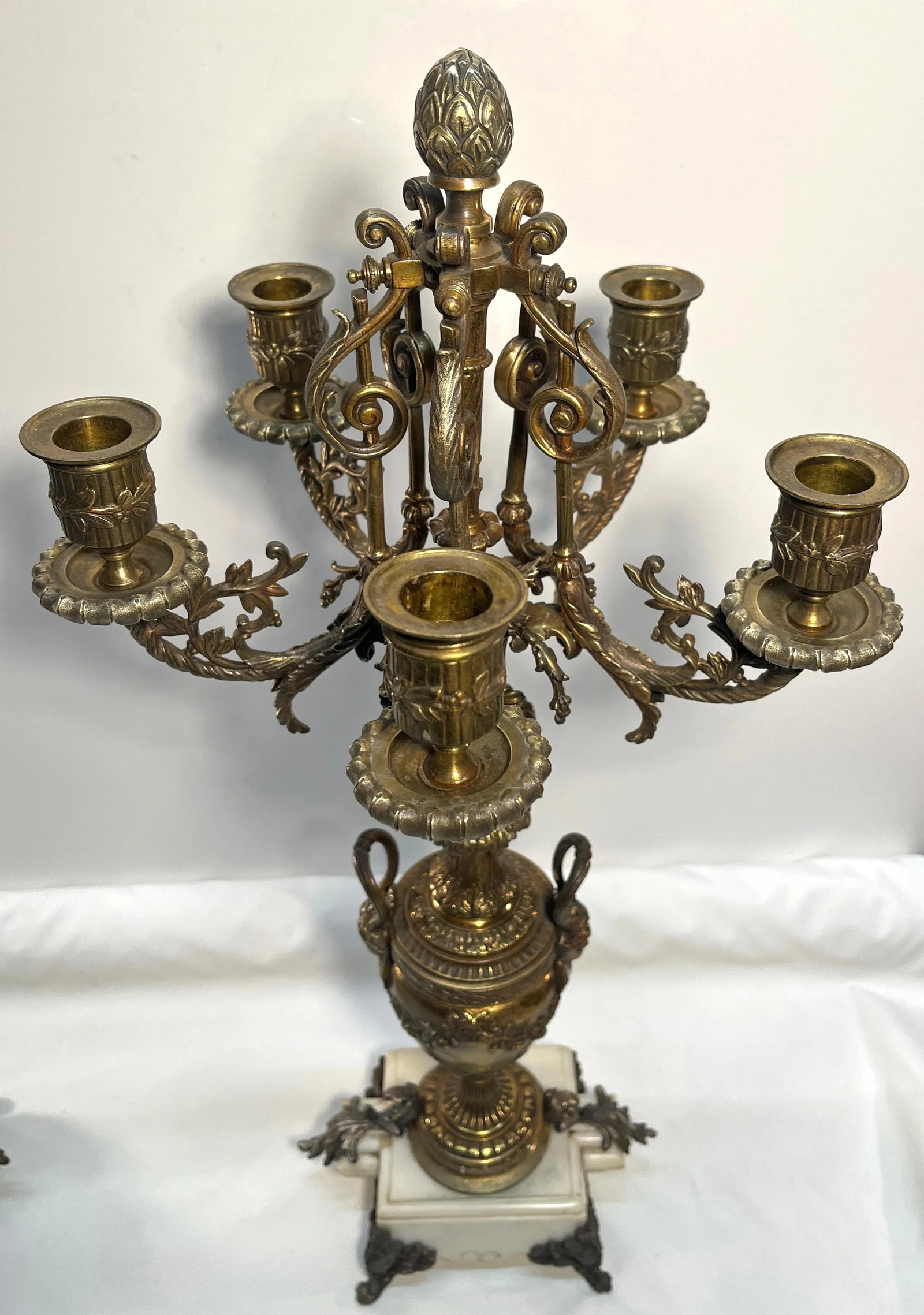 Antique Rococo Revival Baroque-Style Brass & Marble 5-Arm Candelabras- a Pair - 9
