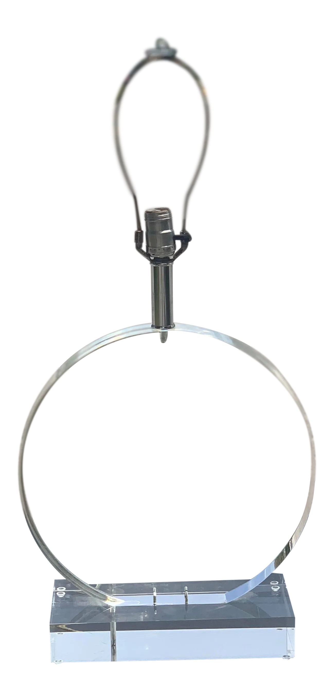 Springer Style Lucite Lamp Signed Marlee Vintage French: Very unique sculptural Karl Springer style desk or table lamp made of solid, heavy Lucite. The shape of the lamp is a thick circle sitting on top of a chunky rectangle Lucite base. This lamp is signed