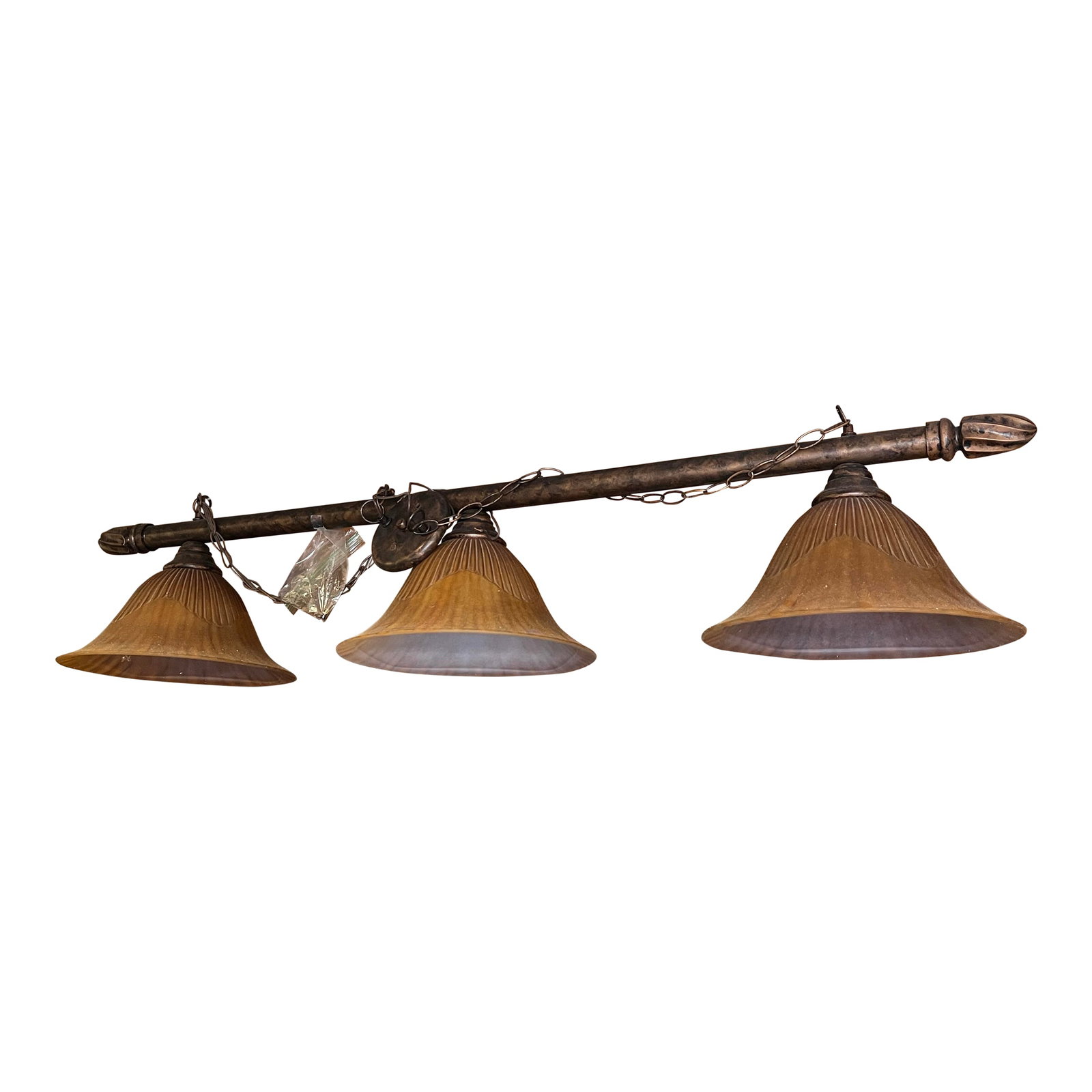 Vintage Three Light Bar Pendant Light: Three light bar pendants light. The long bar measuring 55" long . Includes a chain to hang this pedestal light. The tiger style glass shades are 7" high and 14" in diameter. Condition: Alterations: