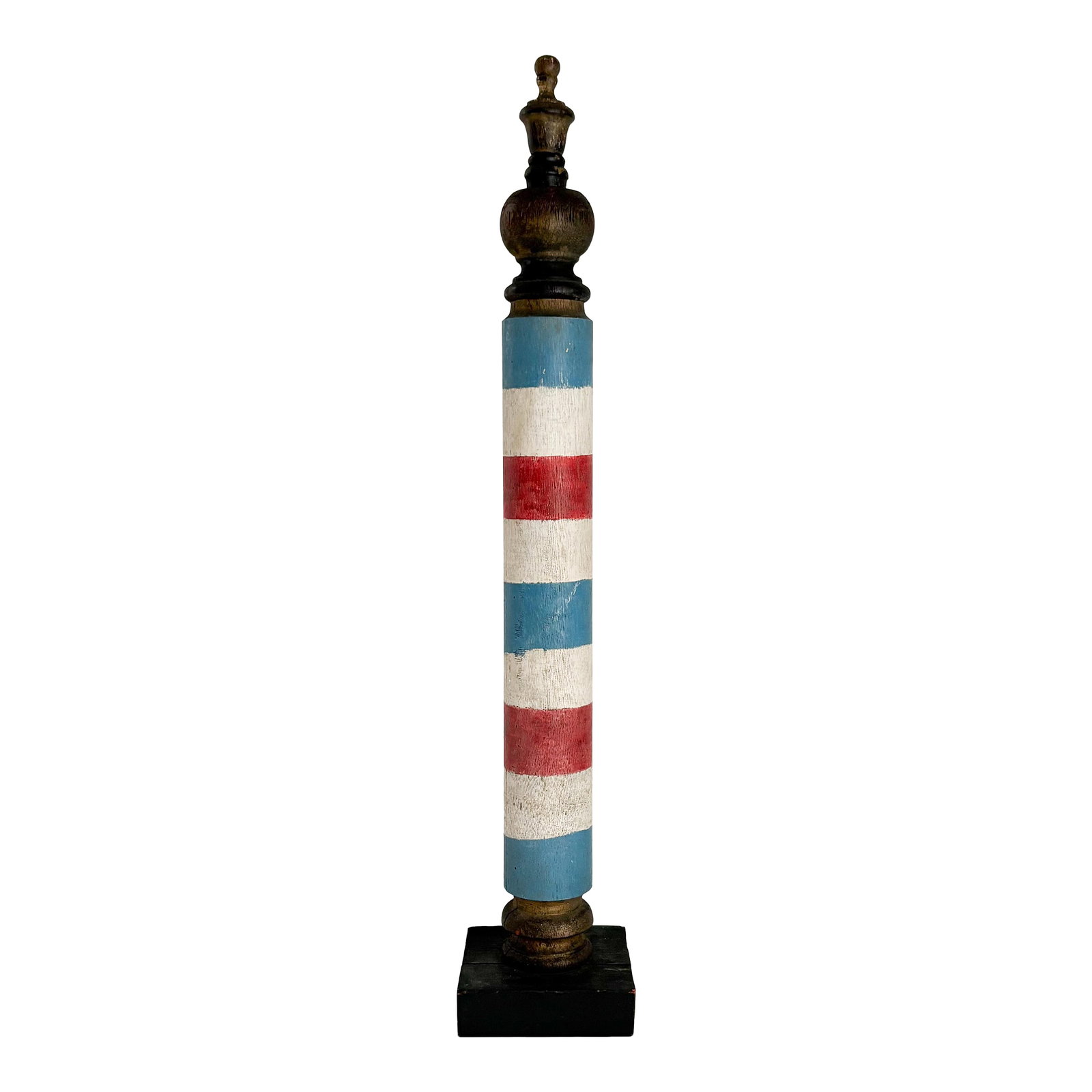 19th Century Wood Painted Barber Pole: A beautiful relic of times past, this handmade rustic Americana 19th century wood barber pole is every bit as captivating today as it would have been in the last century. Pole is connected to block