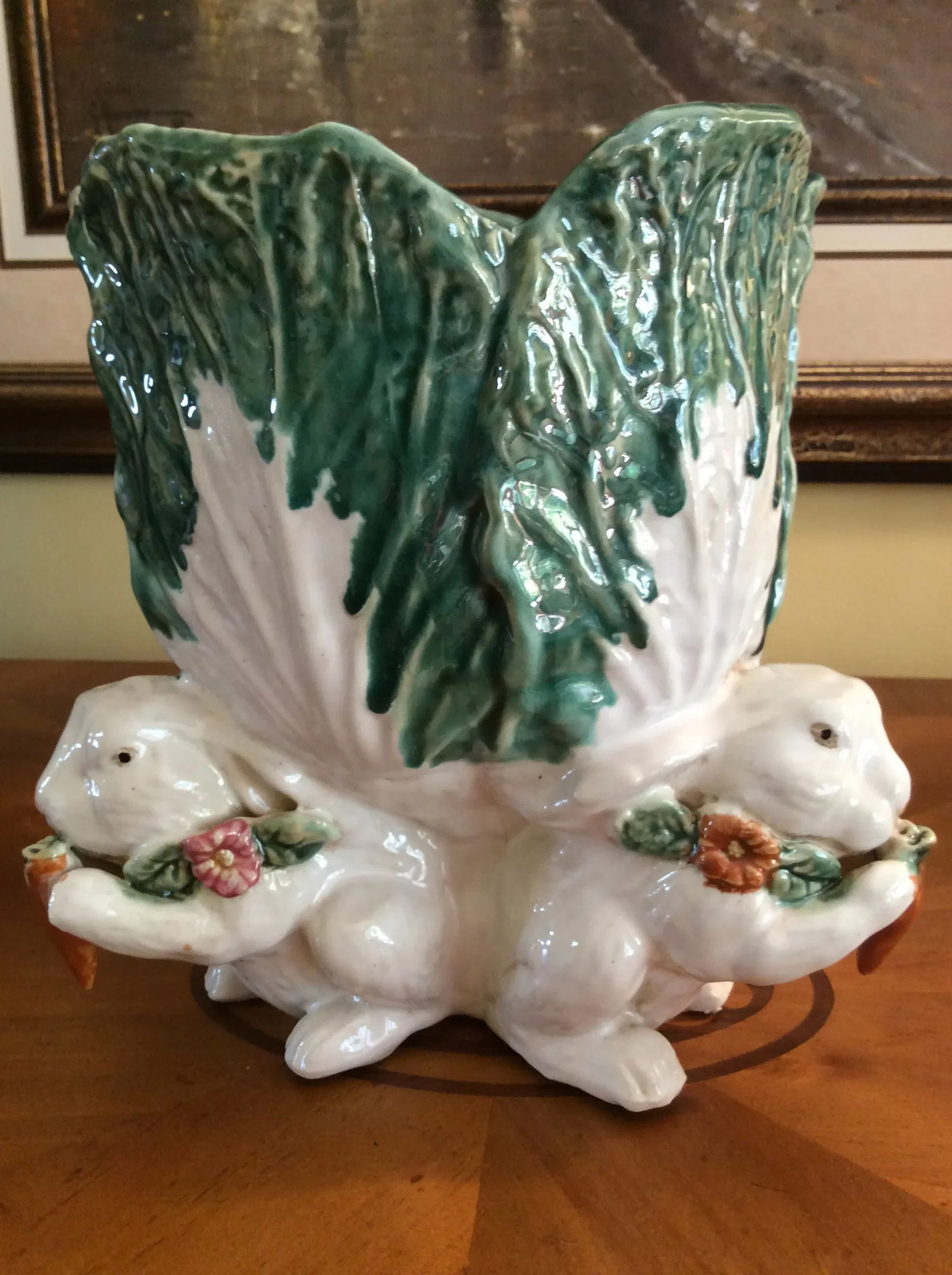 Large Majolica Cabbage & Rabbit Vase - 10