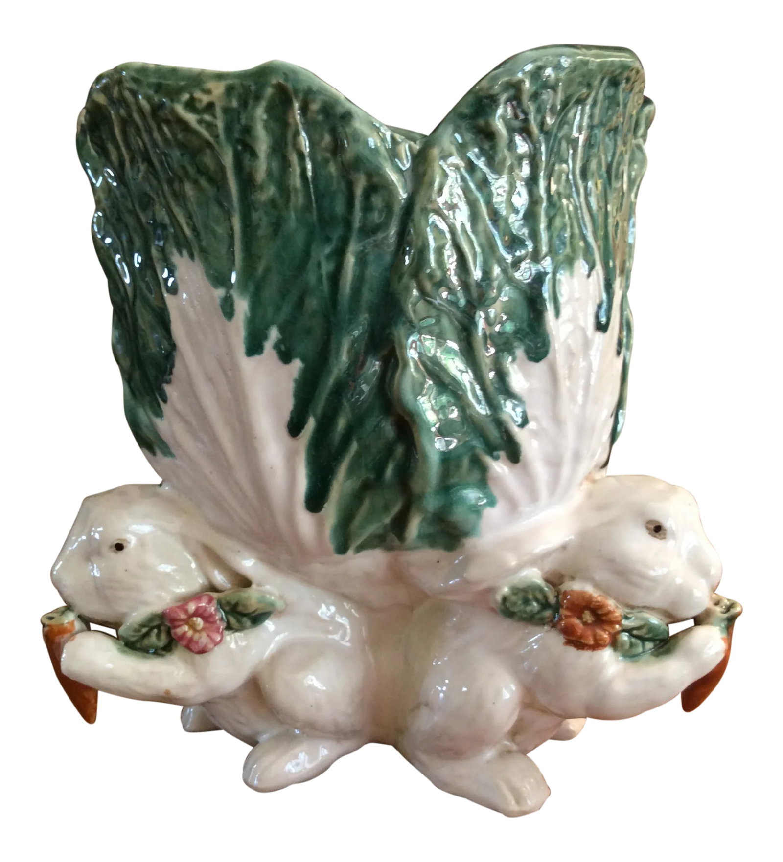 Large Majolica Cabbage & Rabbit Vase: Stunning Vintage Italian Majolica Vase with three irresistible rabbits. Each adorable rabbit is munching a carefully hand constructed carrot and holding up well crafted splayed cabbage leafs.
