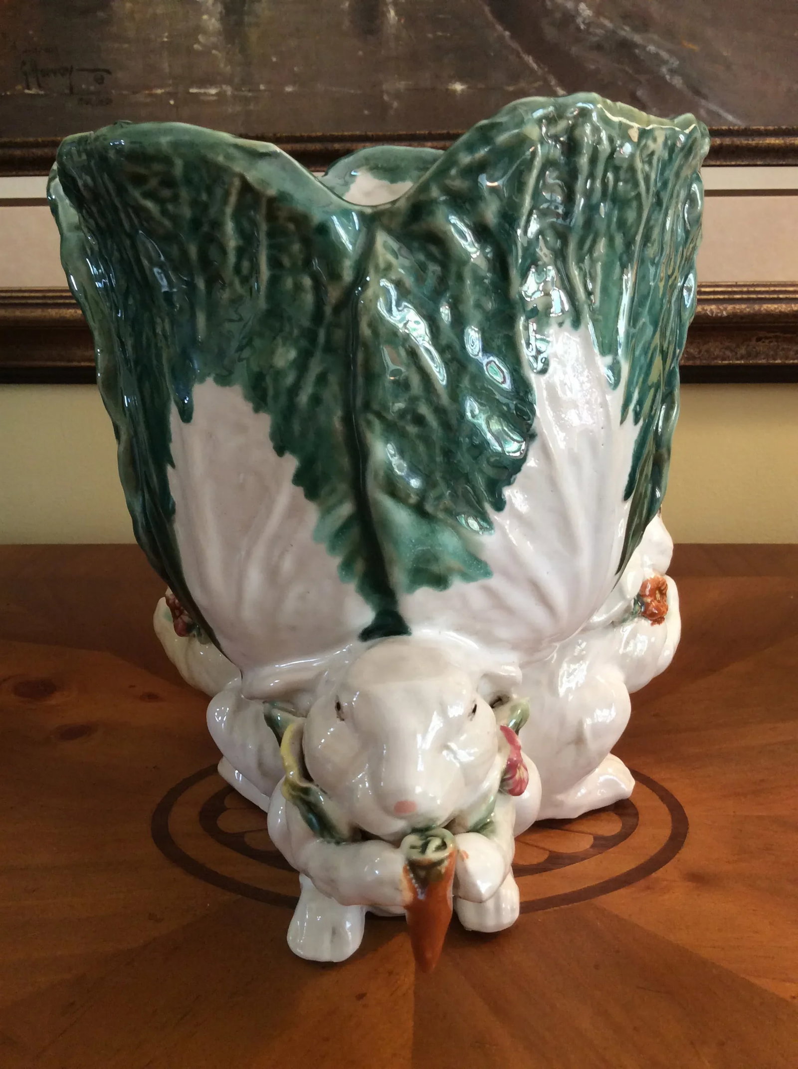 Large Majolica Cabbage & Rabbit Vase - 2