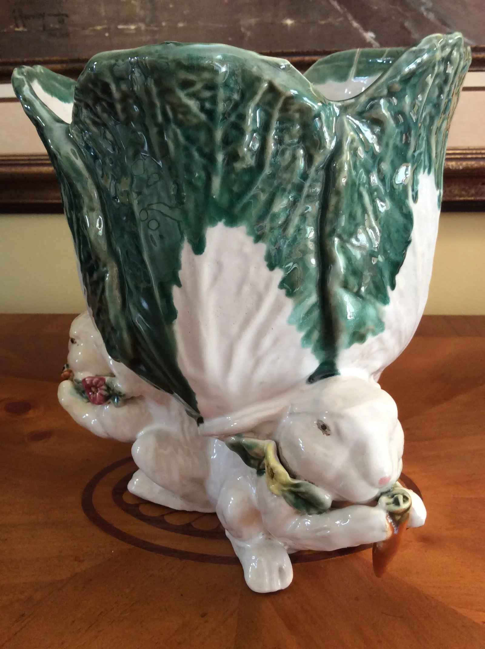 Large Majolica Cabbage & Rabbit Vase - 3