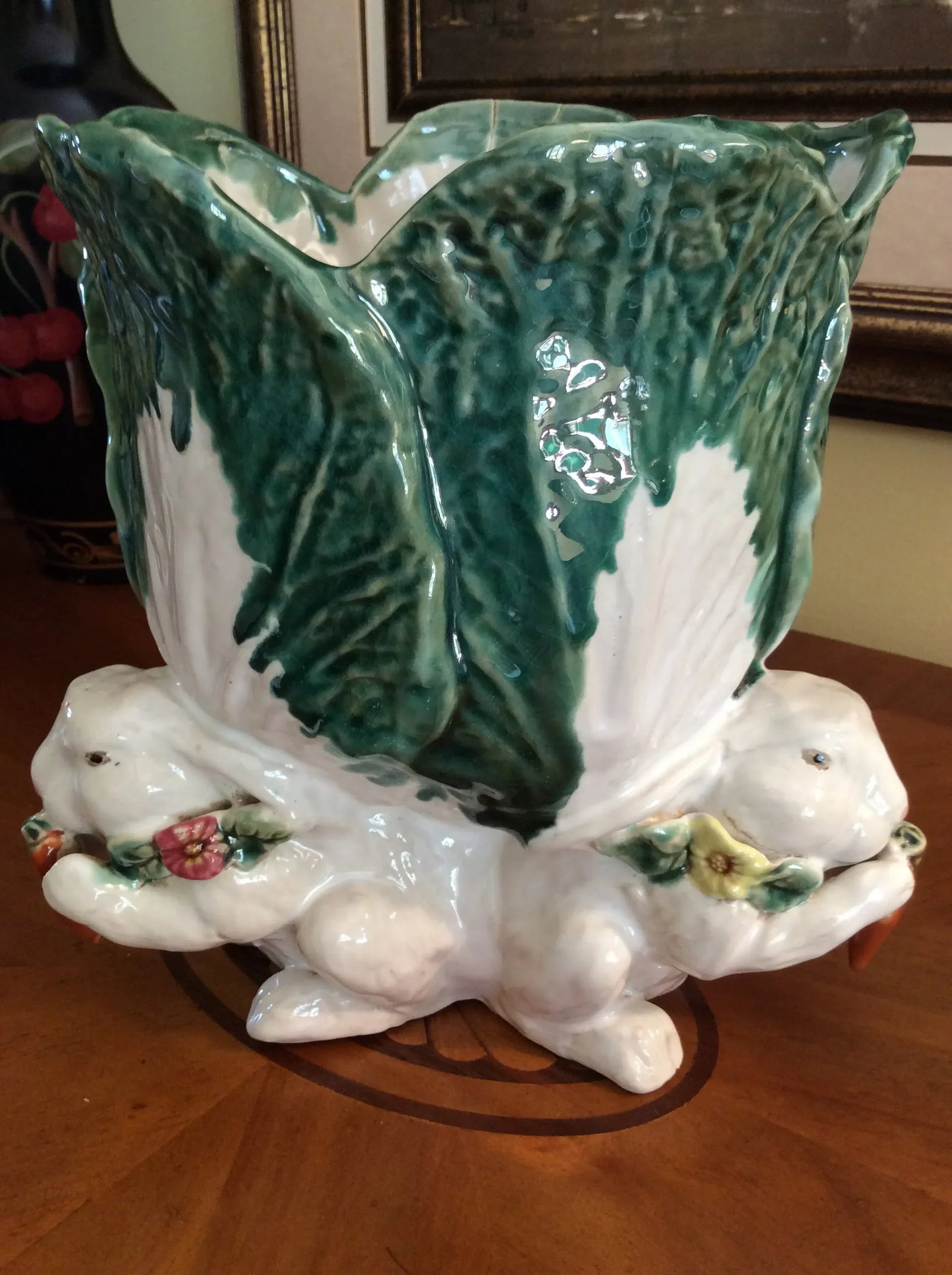 Large Majolica Cabbage & Rabbit Vase - 8