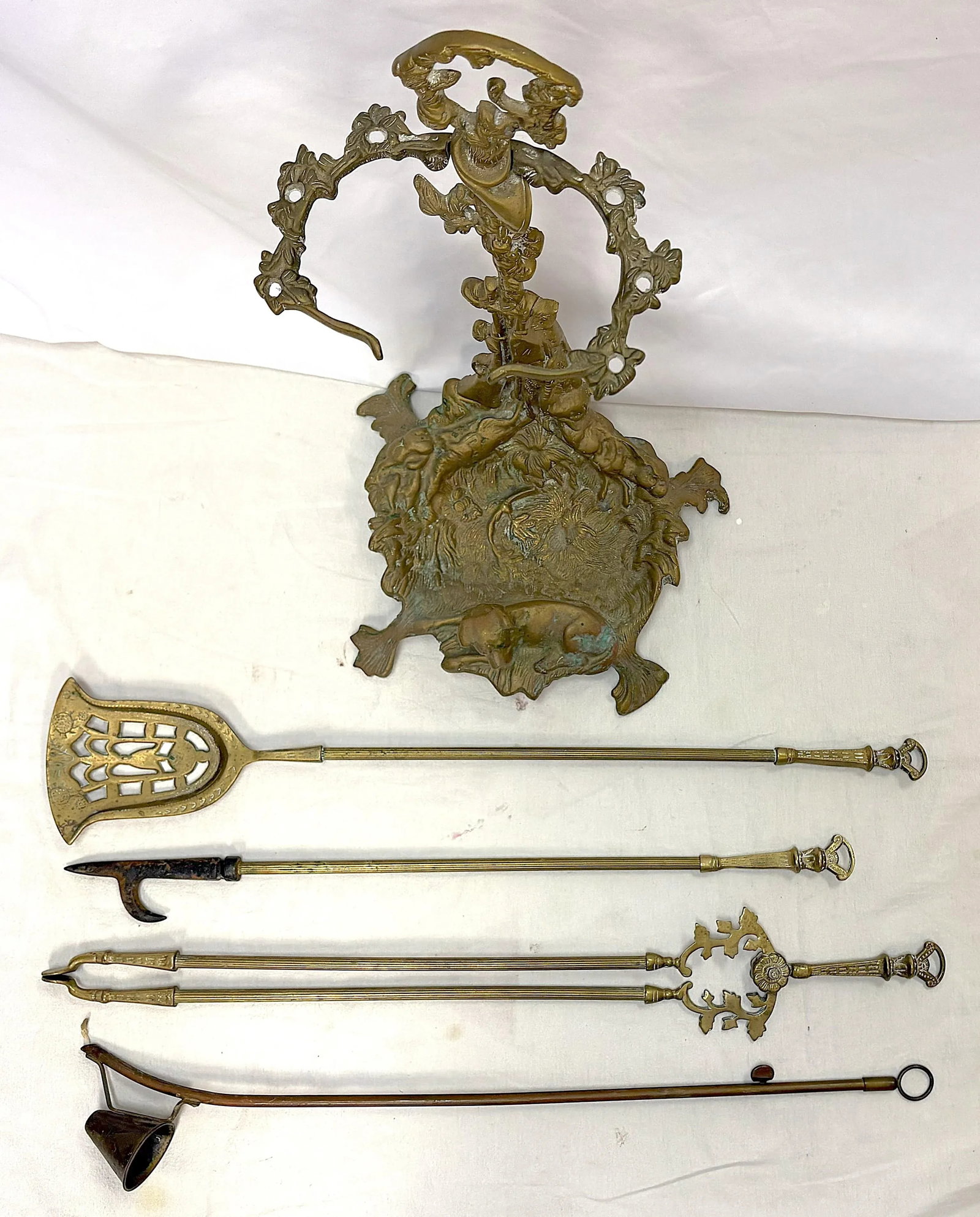 Vintage French Brass "Hunting" Motif Fireplace Tool Set- 5 Pieces - 2