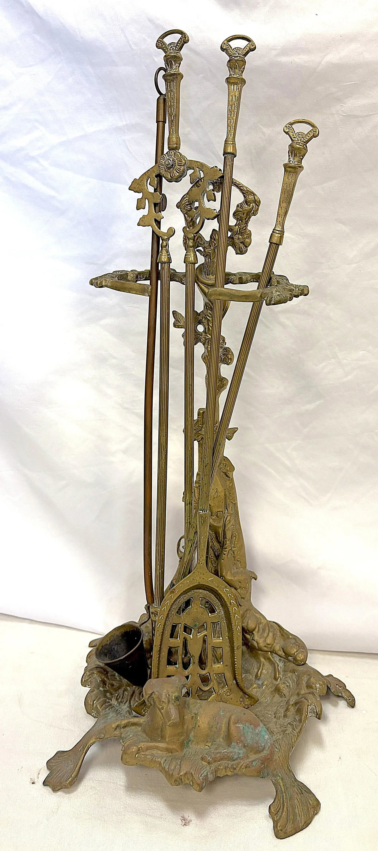 Vintage French Brass "Hunting" Motif Fireplace Tool Set- 5 Pieces - 3
