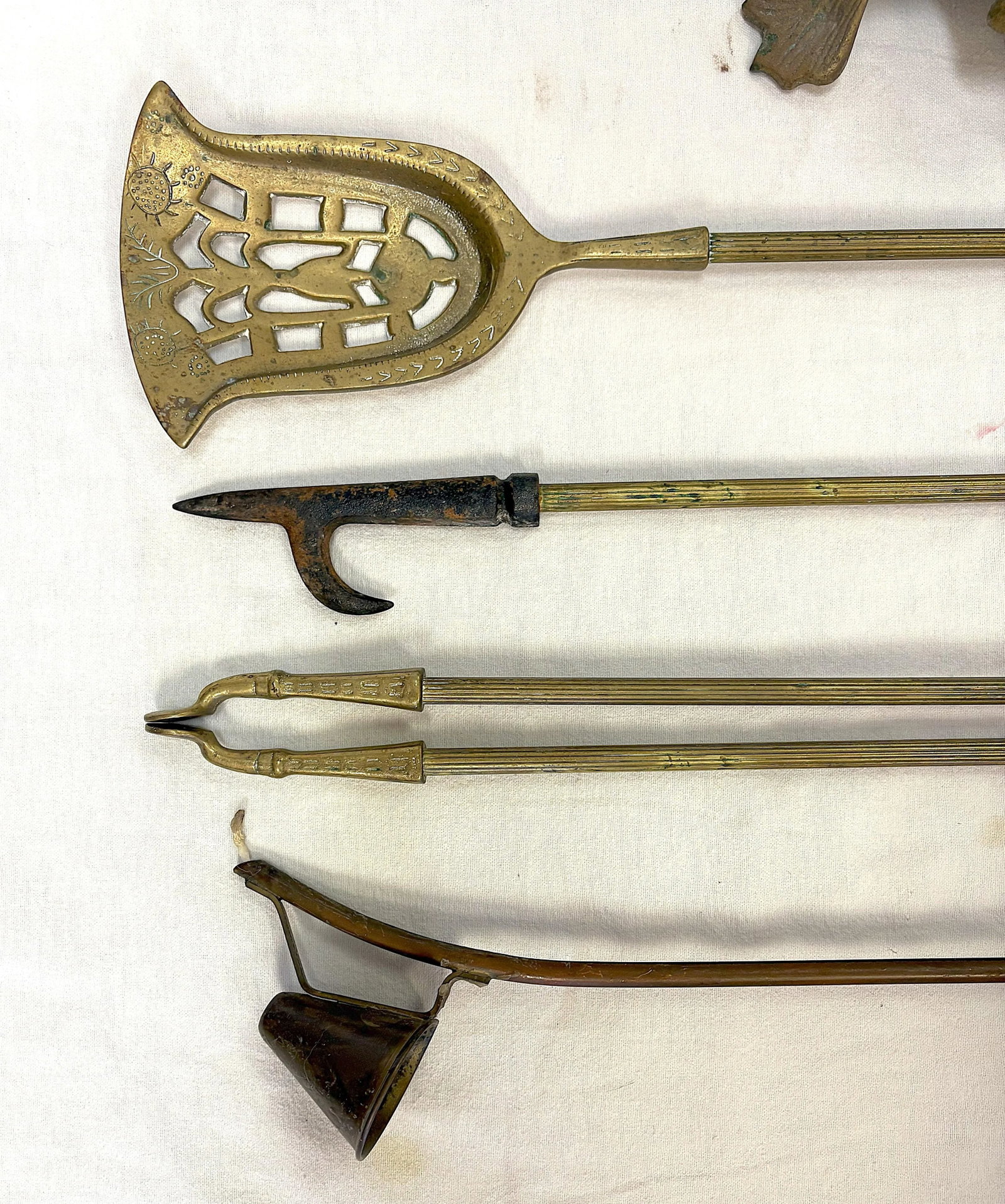 Vintage French Brass "Hunting" Motif Fireplace Tool Set- 5 Pieces - 9