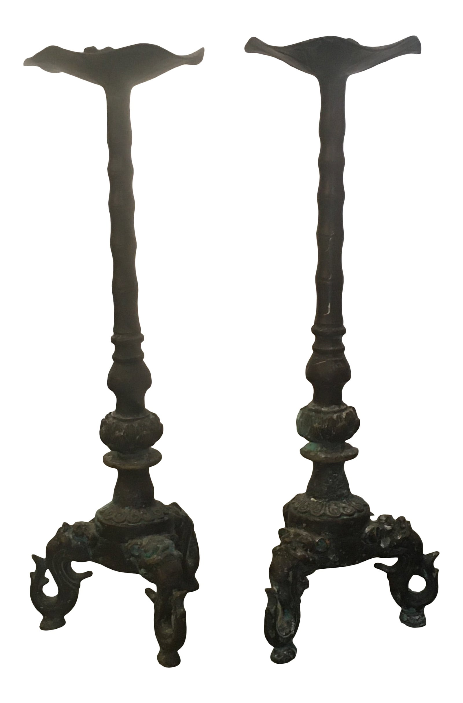 Vintage Elephant Brass/ Bronze Candle Holders - a Pair: Great pair of brass/ bronze tall candle holders. Tripod legs terminate with elephant heads ornately executed and they have little frogs perched on top where the candles sit. The patina is magnificent 