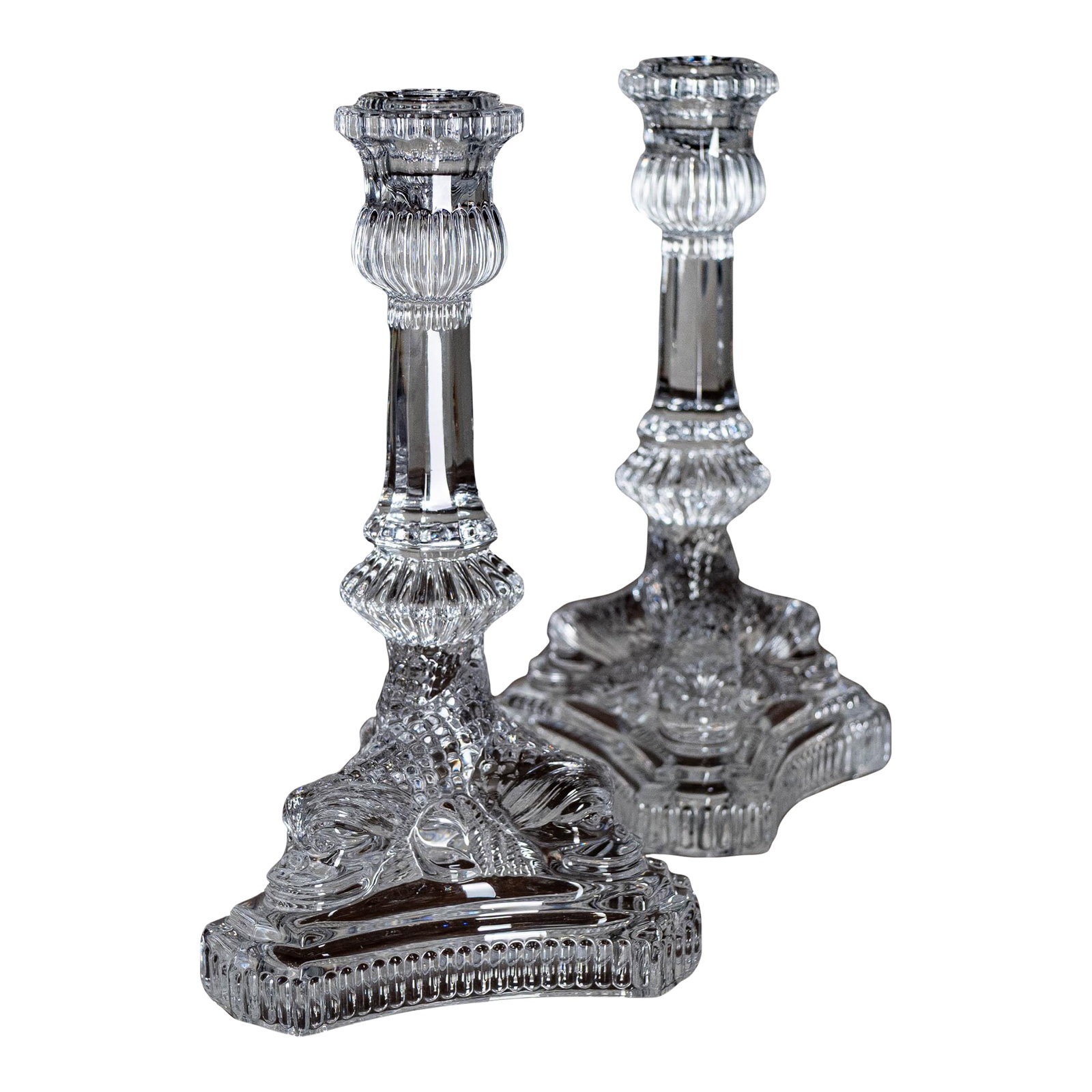 Vintage Tiffany & Co. Pair of Dragon Motif Candlesticks in Crystal Glass: Form meets function and quality to make ordinary objects extraordinary by Tiffany & Co. Mix this pair of gorgeous candlesticks with your dinnerware for a unique table setting. Chinese Dragon motif