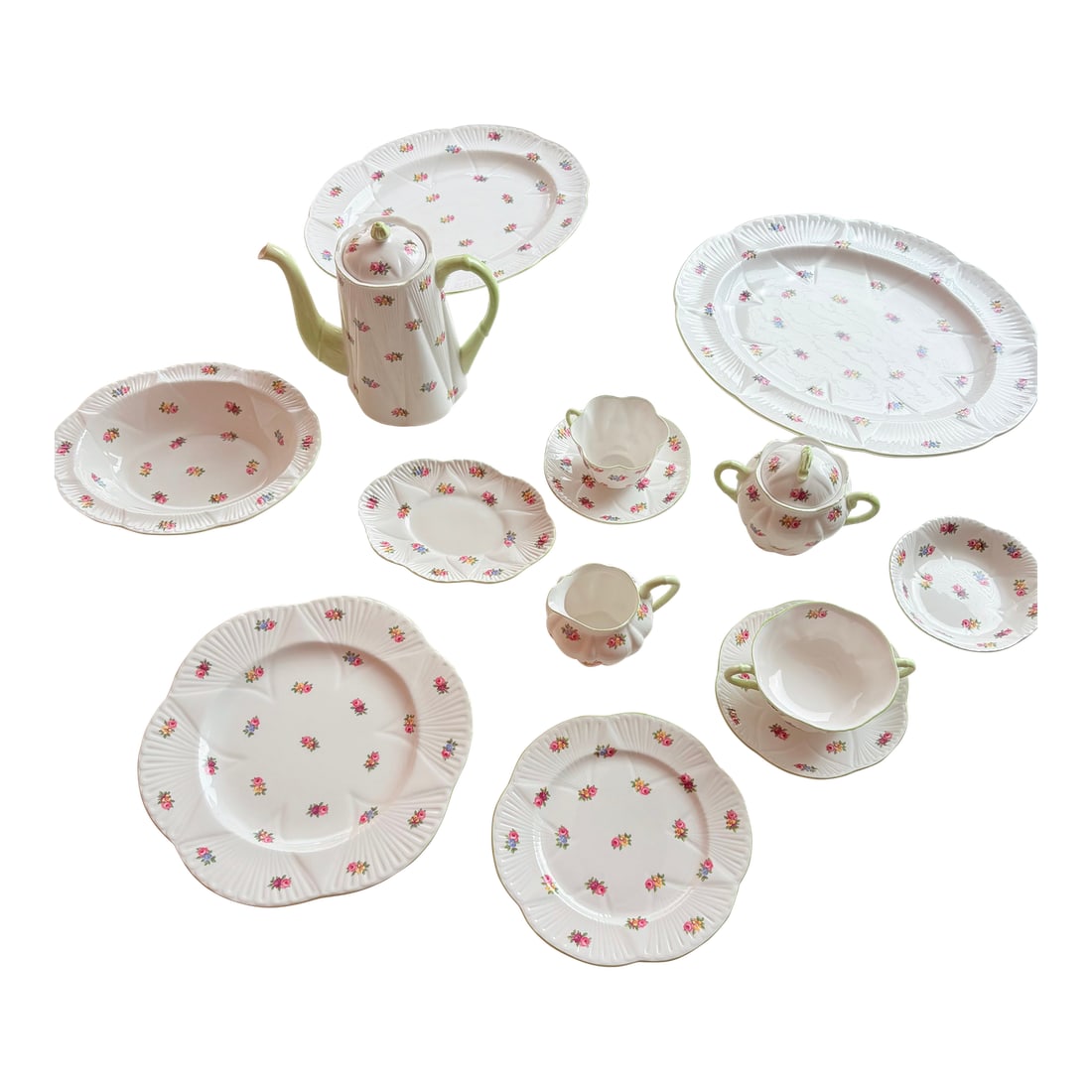 1960s Shelley Fine Bone China Service for Twelve- 92 Pieces: This Shelley Second Wares bone china service for 12 (circa 1966) includes a teapot, a creamer, a sugar bowl, and serving dishes. There are ninety-two (92) pieces total: 12-Dinner Plates 12-Salad
