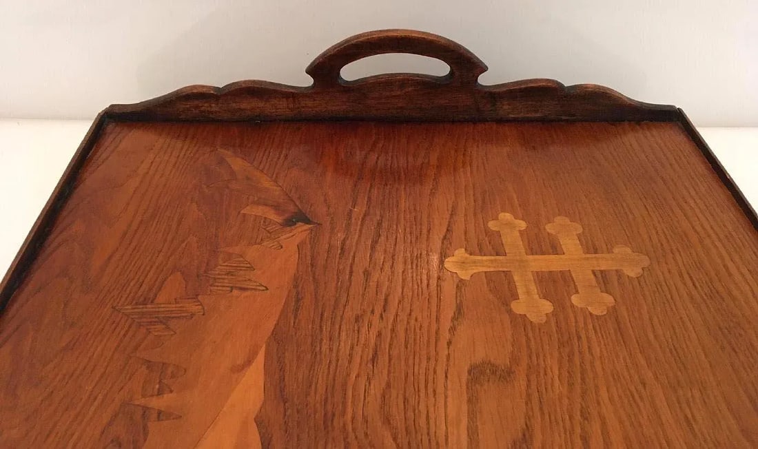 Emile Gale' French Cross De Lorraine Art Nouveau Marquetry Wood Tray - 2