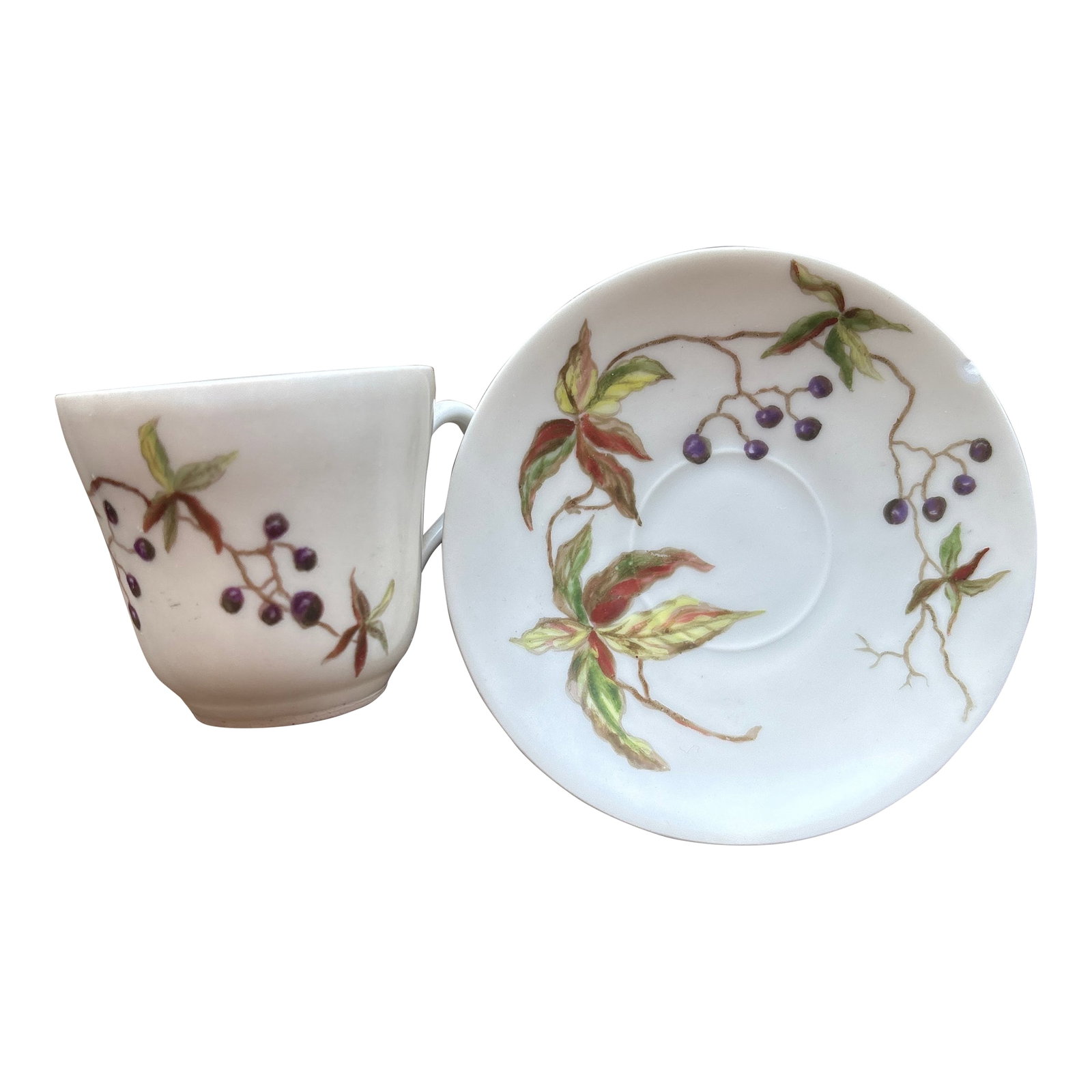 Circa 1770 Antique Bow Porcelain Tea Cup and Saucer With Hand Painted Designer Mark: C. 1770 Antique Bow Porcelain Tea Cup and Saucer With Hand Painted Designer Mark Demitasse Cup Size Hand painted porcelain, decorated with foliage and berries in purple and nature tones. The