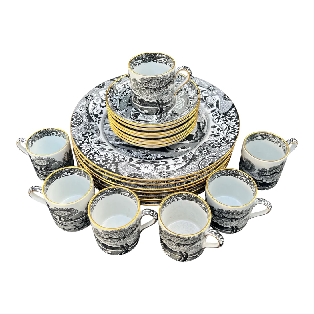1940s Tiffany & Co.'s Spode "Italian" Pattern Demitasse & Dessert Set: A rare 22-piece Tiffany & Co. bone china set made by Copeland Spode in their black and white "Italian" pattern. The transferware scenes of classical ruins and pastoral landscapes depict an idealized