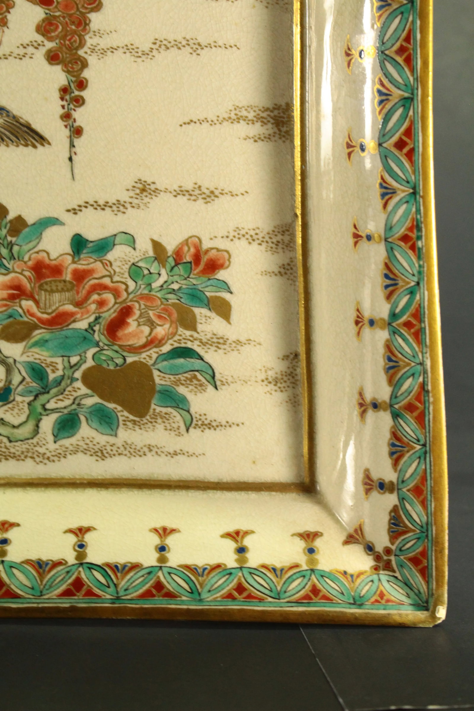 19th Century Meiji Japanese Satsuma Porcelain Tray Platter Song Bird & Blooms - 11