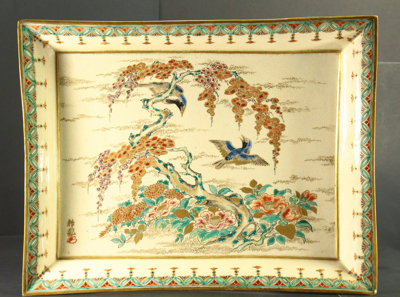 19th Century Meiji Japanese Satsuma Porcelain Tray Platter Song Bird & Blooms - 2