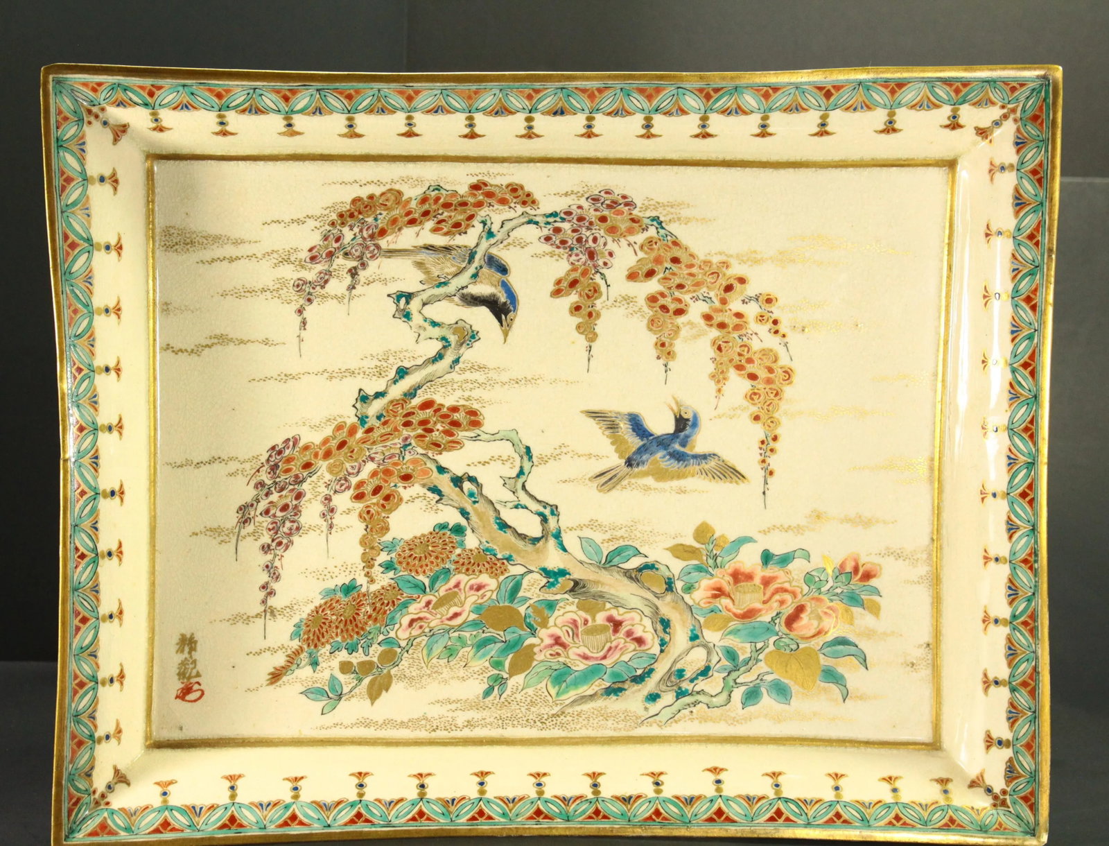 19th Century Meiji Japanese Satsuma Porcelain Tray Platter Song Bird & Blooms - 3