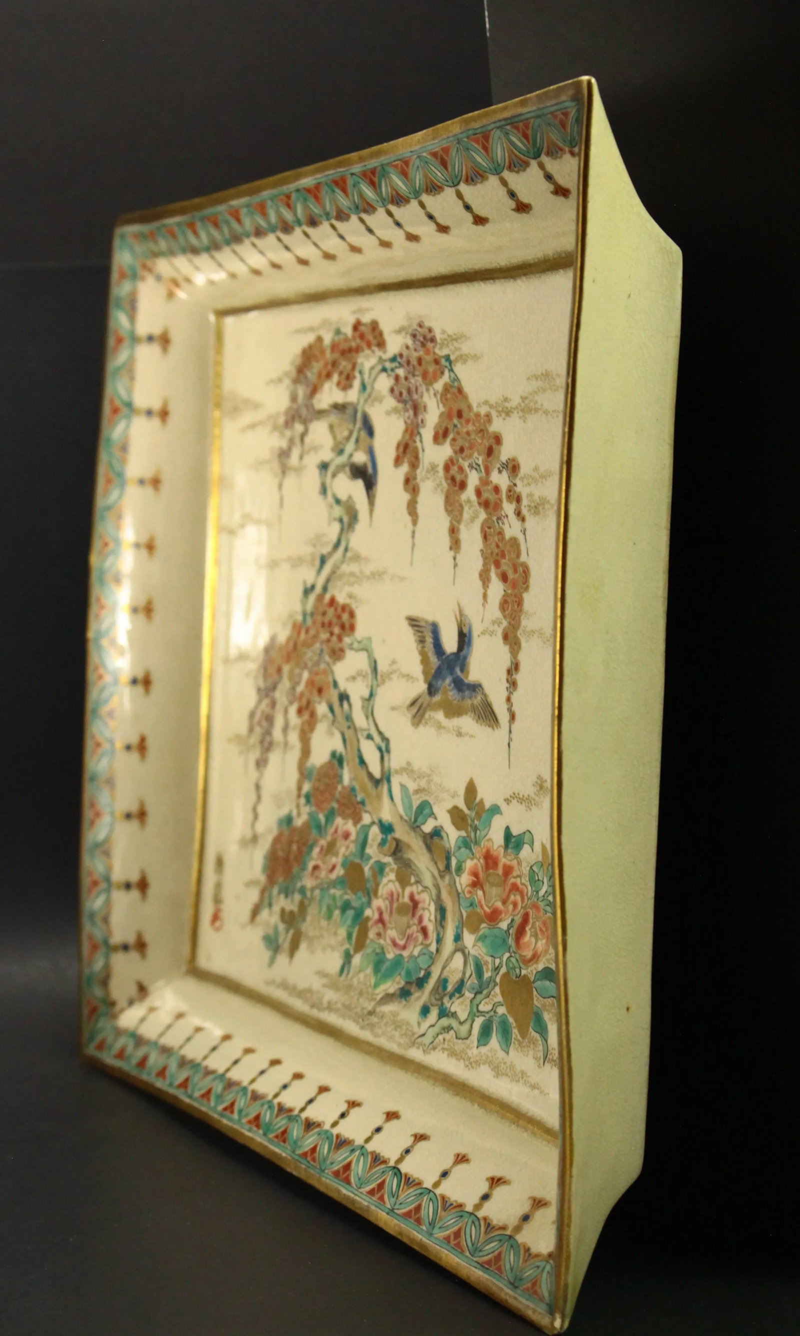 19th Century Meiji Japanese Satsuma Porcelain Tray Platter Song Bird & Blooms - 4