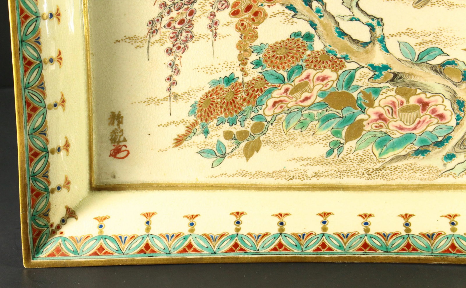 19th Century Meiji Japanese Satsuma Porcelain Tray Platter Song Bird & Blooms - 5