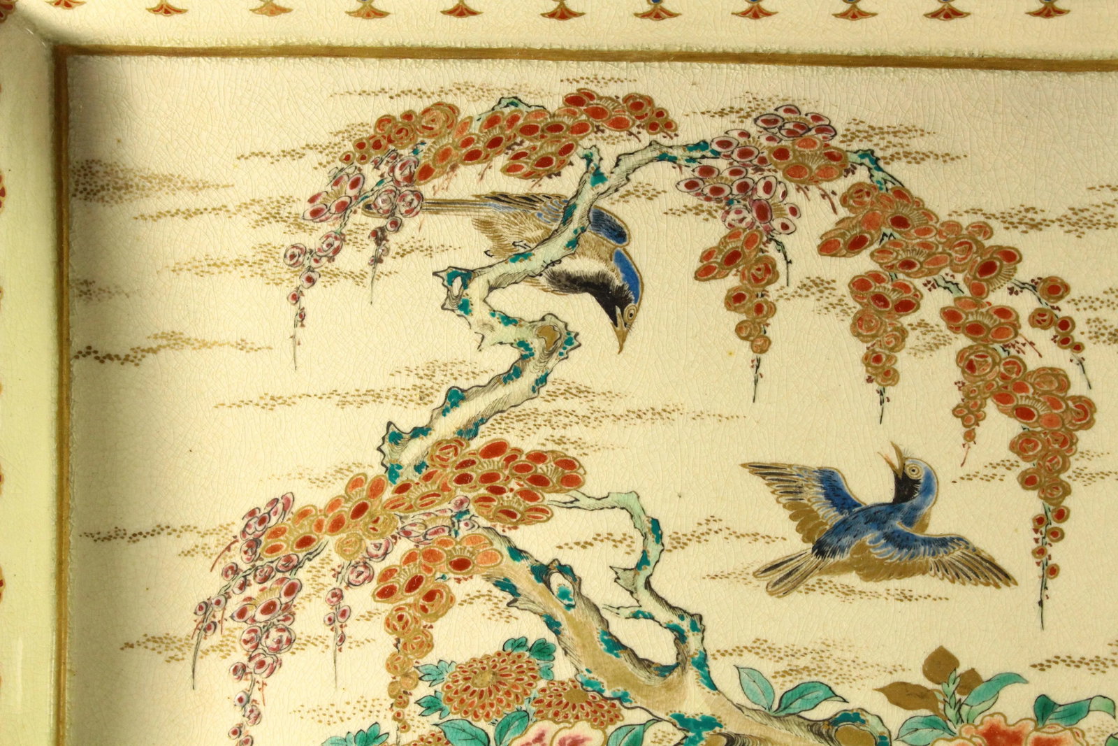 19th Century Meiji Japanese Satsuma Porcelain Tray Platter Song Bird & Blooms - 6