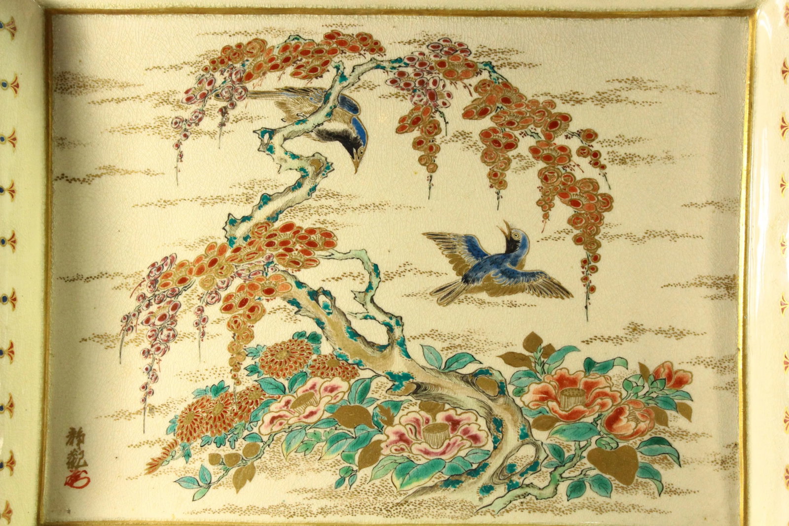 19th Century Meiji Japanese Satsuma Porcelain Tray Platter Song Bird & Blooms - 7