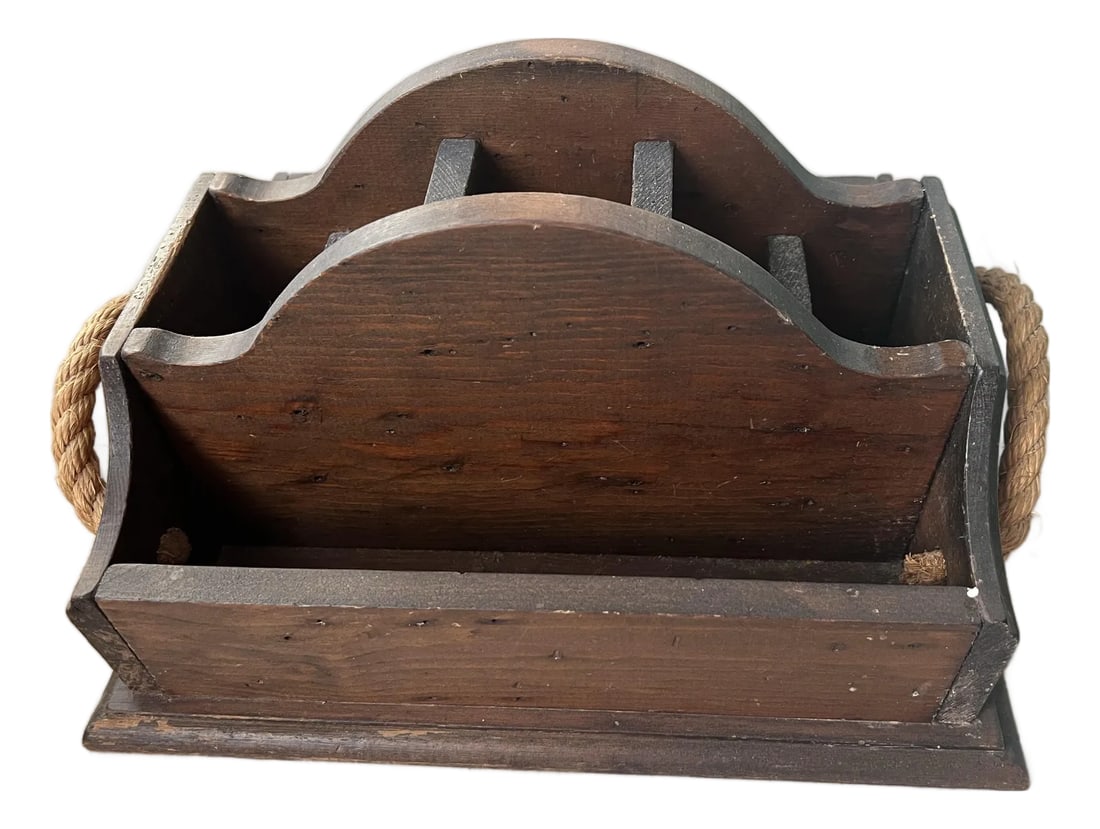 Mid Century Vintage Wooden Storage Caddy Desk Organizer: Vintage Wood Rustic style Organizer box. Originally used as a desk caddy holding letters and mail. Made of thick solid wood with sturdy construction and thick rope handles. It Has seven divided