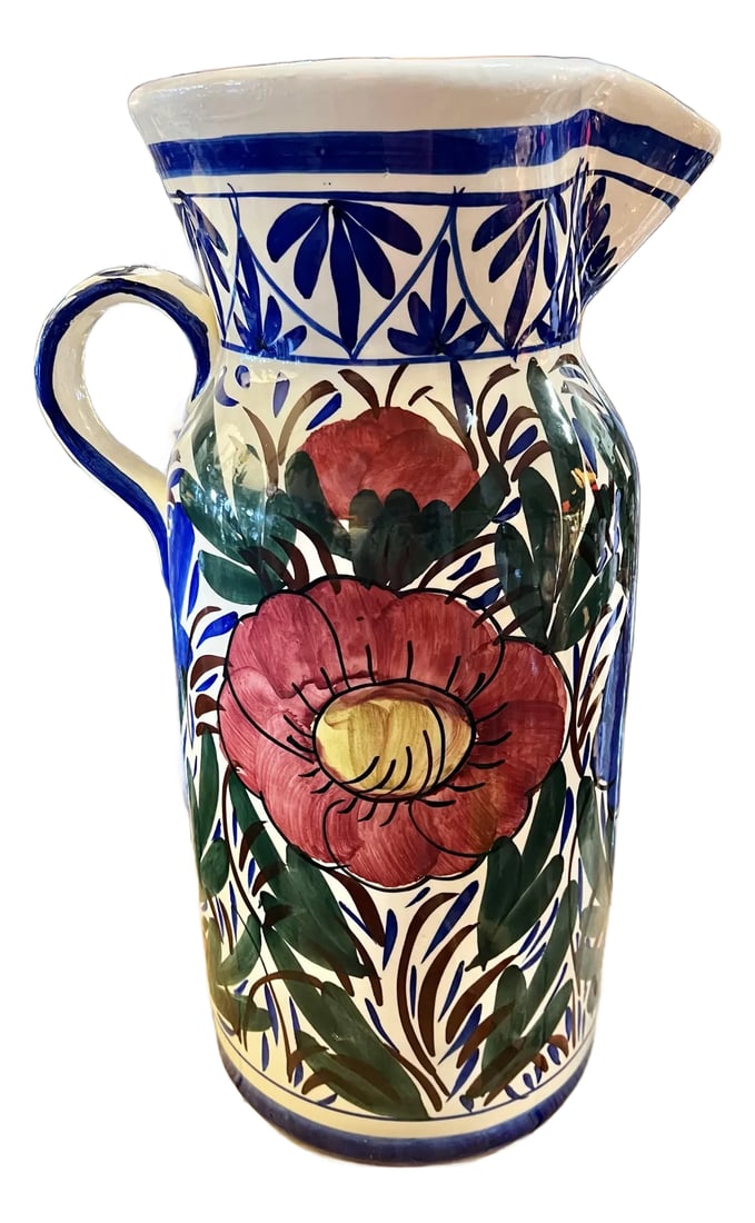 Mid 20th Century Mid Century Floral Umbrella Stand Pitcher Made in Spain: This is a mid-20th century vintage umbrella stand, a deep, floral ceramic pitcher. Embossed made in Spain on bottom. Attractively decorated with loose-hand painted flowers and foliage. Blue bands to