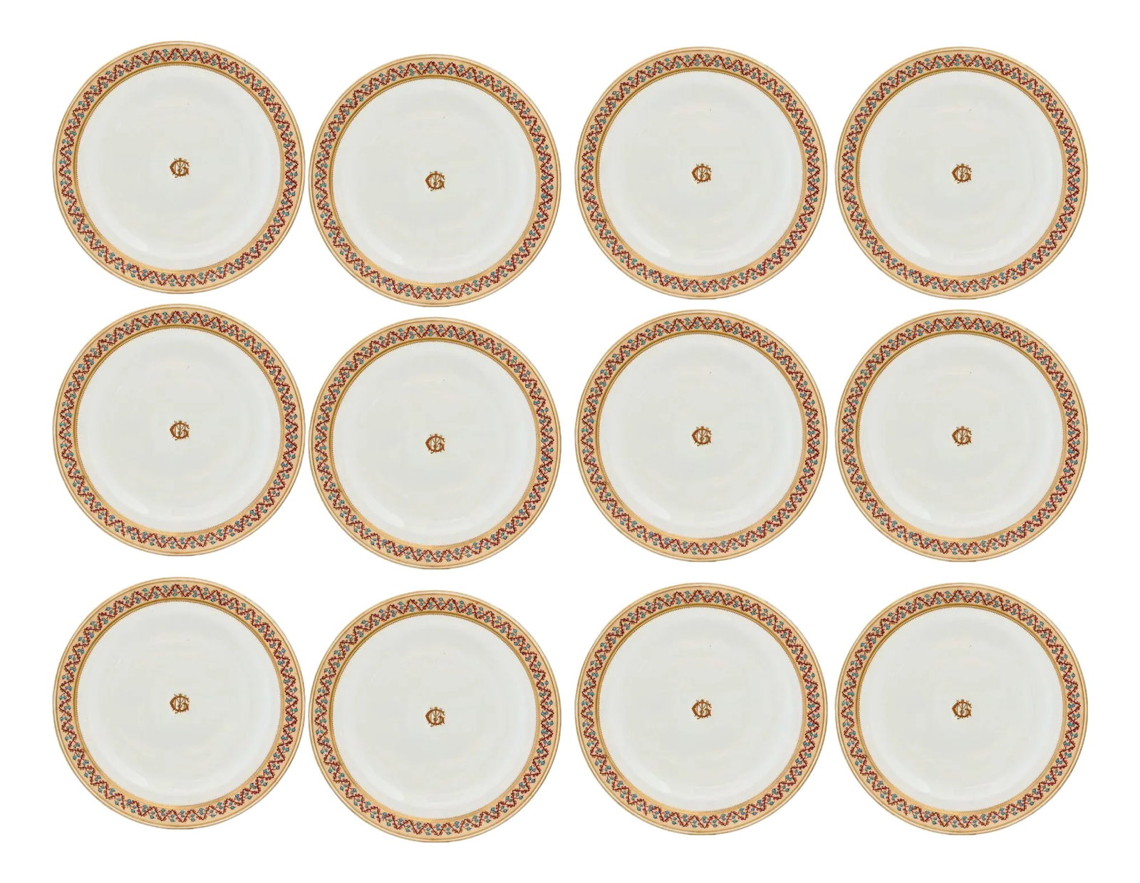 Antique English Worcester Hand-Enameled Dinner Plates, Set of 12: This exquisite set of 12 antique English Worcester porcelain dinner plates features beautifully detailed raised hand-enameled borders accented with intricate turquoise dots. The fine craftsmanship