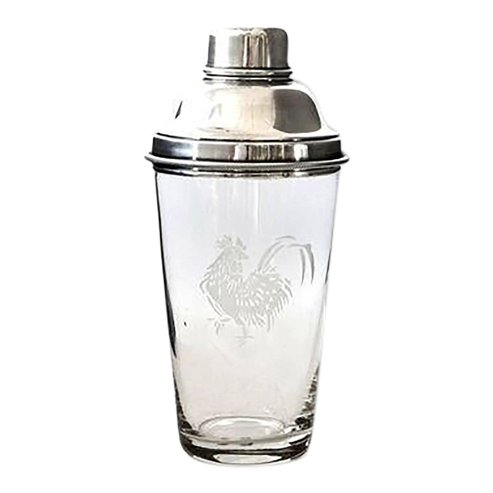 Early 20th Century Oversized James Dixon "Cockerel" Cocktail Shaker: This James Dixon Art Deco cocktail shaker stands out with its larger-than-usual size and elegant cockerel etching on the glass body. Fitted with silver-plated accents, it exudes timeless