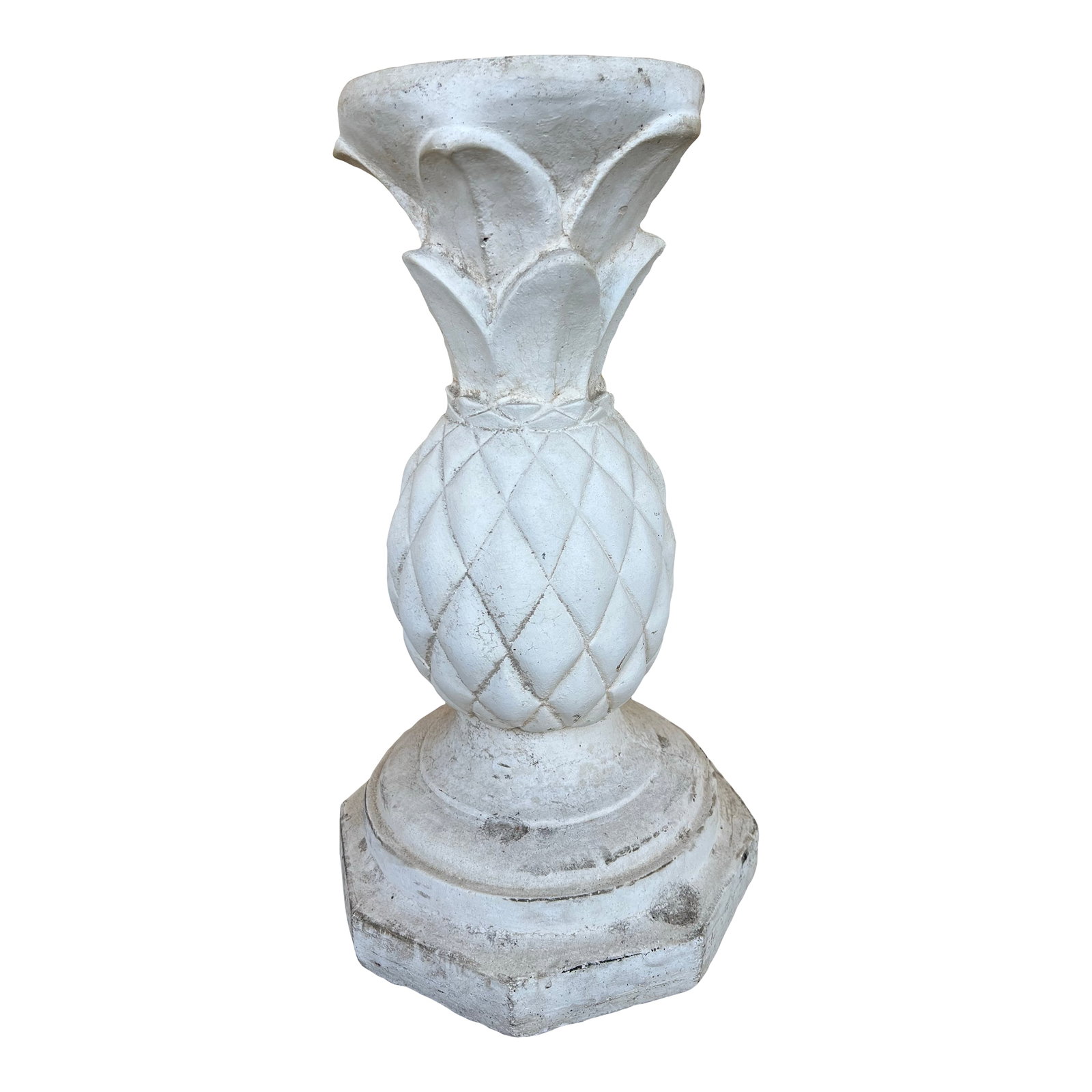 Vintage Concrete Pineapple Pedestal: Vintage pineapple concrete base or pedestal. Has Octagon base pineapple with flat top. Add a glass top or place a plant on it. Condition: Alterations: Original Condition Unaltered Imperfections: Some