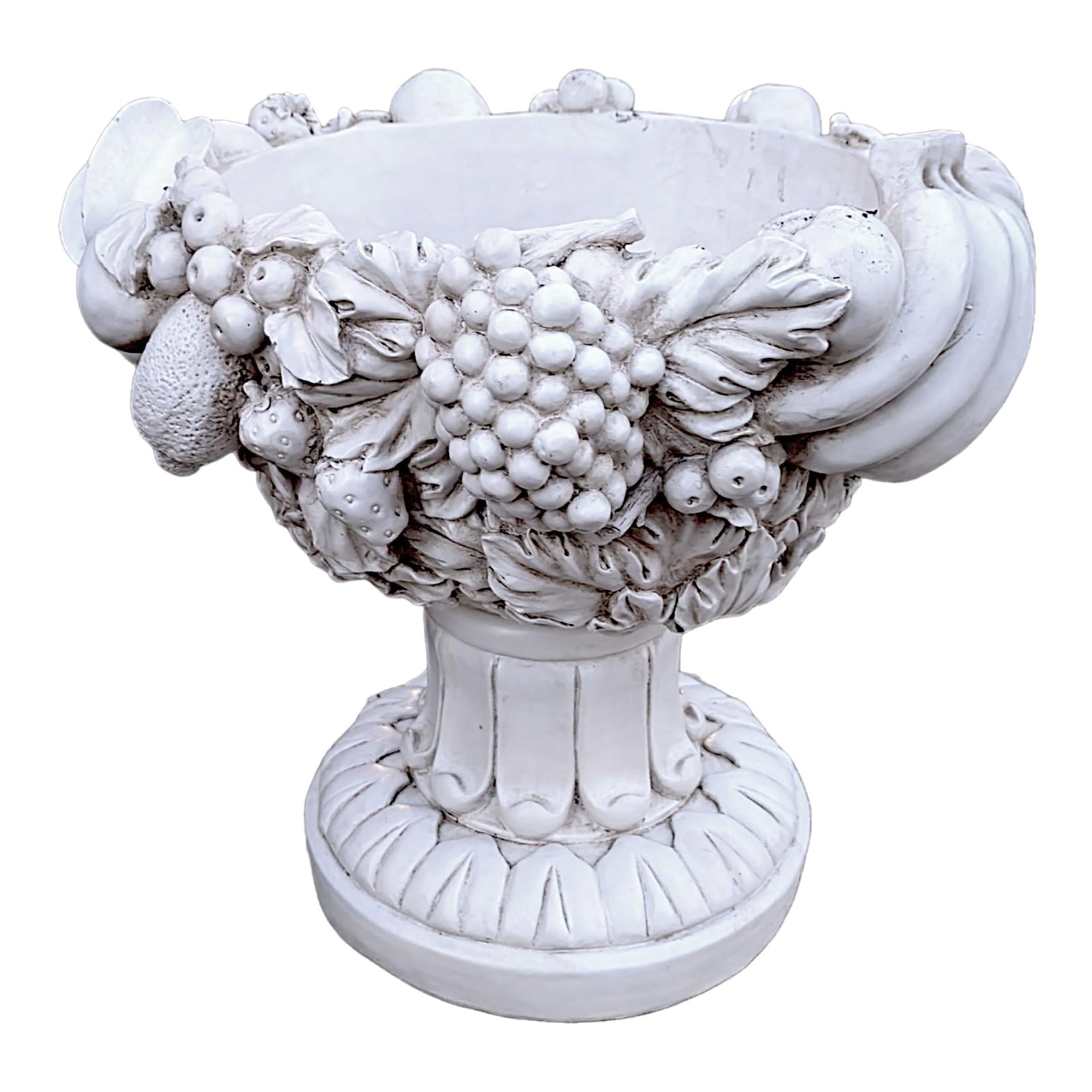 Antiqued Stone White Large Polyresin Classical Fruit Bowl Centerpiece Urn Planter: Stunning antiqued off white stone toned bowl decorated with a bounty of fresh whole fruit garland that decorates the outer rim. the bowl is footed in the classic old world style of Corinthian plinth.