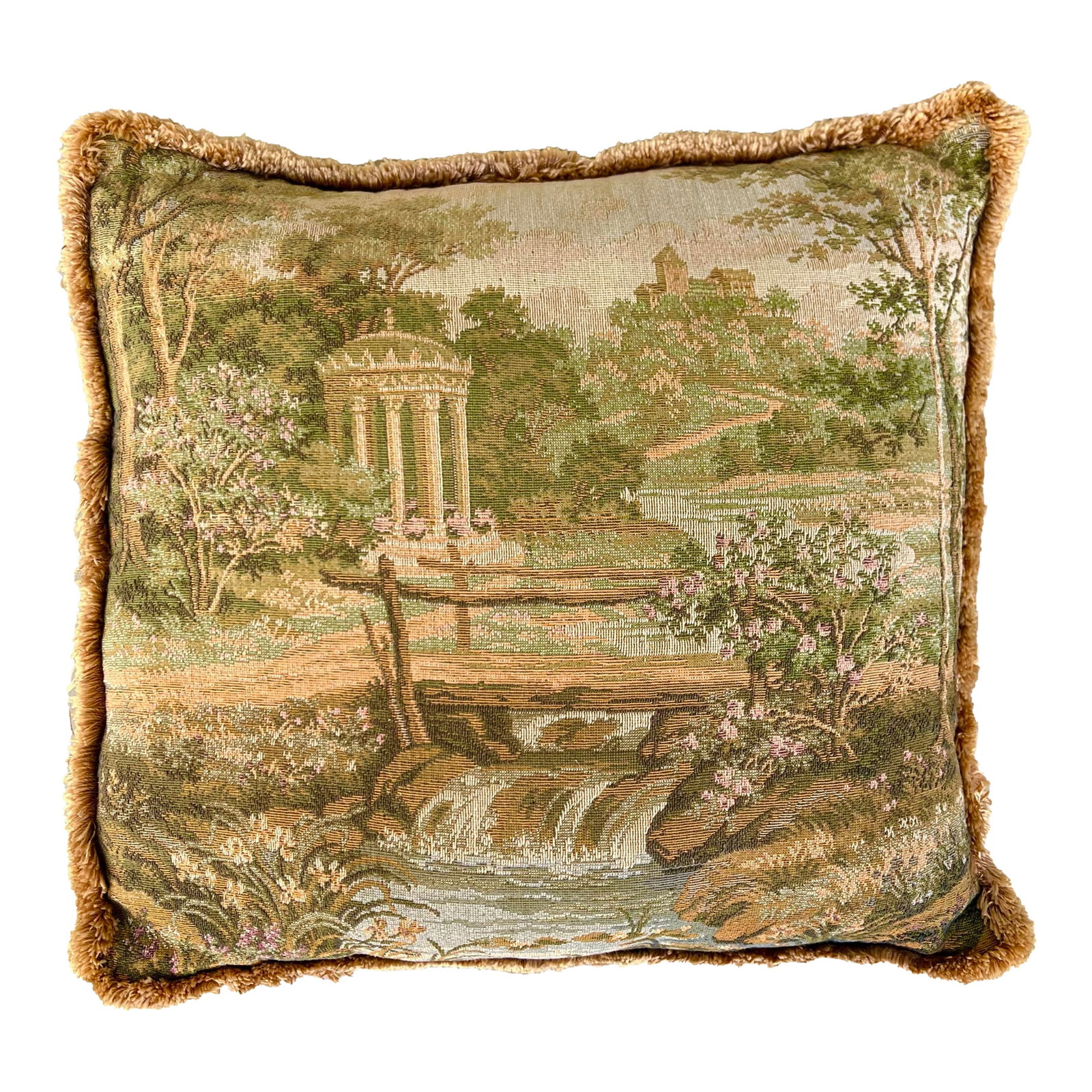 Vintage Decorative Tapestry Pillow: Vintage throw pillow with a tapestry scene on one side and green velvet on the other. The scenery is a beautiful landscape park with running waterfalls and a gazebo . Small fringe on the edges and