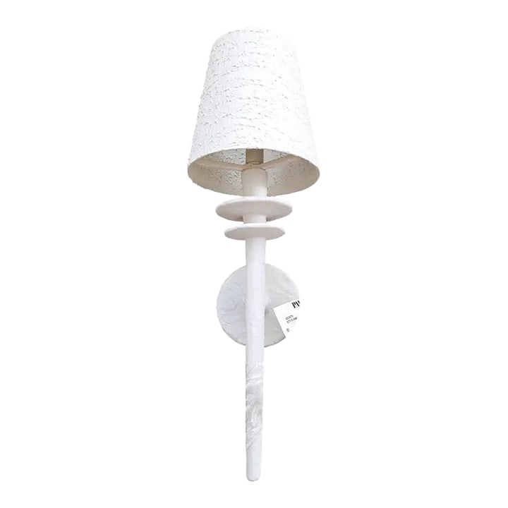 Palecek Etta Wall Sconce: Etta Wall Sconce By Palecek Retail: $549.00 Finish: White Color: White Size: 7.25"W x 23"H x 7.75"D Shade: 5" top diameter x 7.25" diameter x 7.5"H Dimmer: Standard 120V Materials: Cast Aluminum