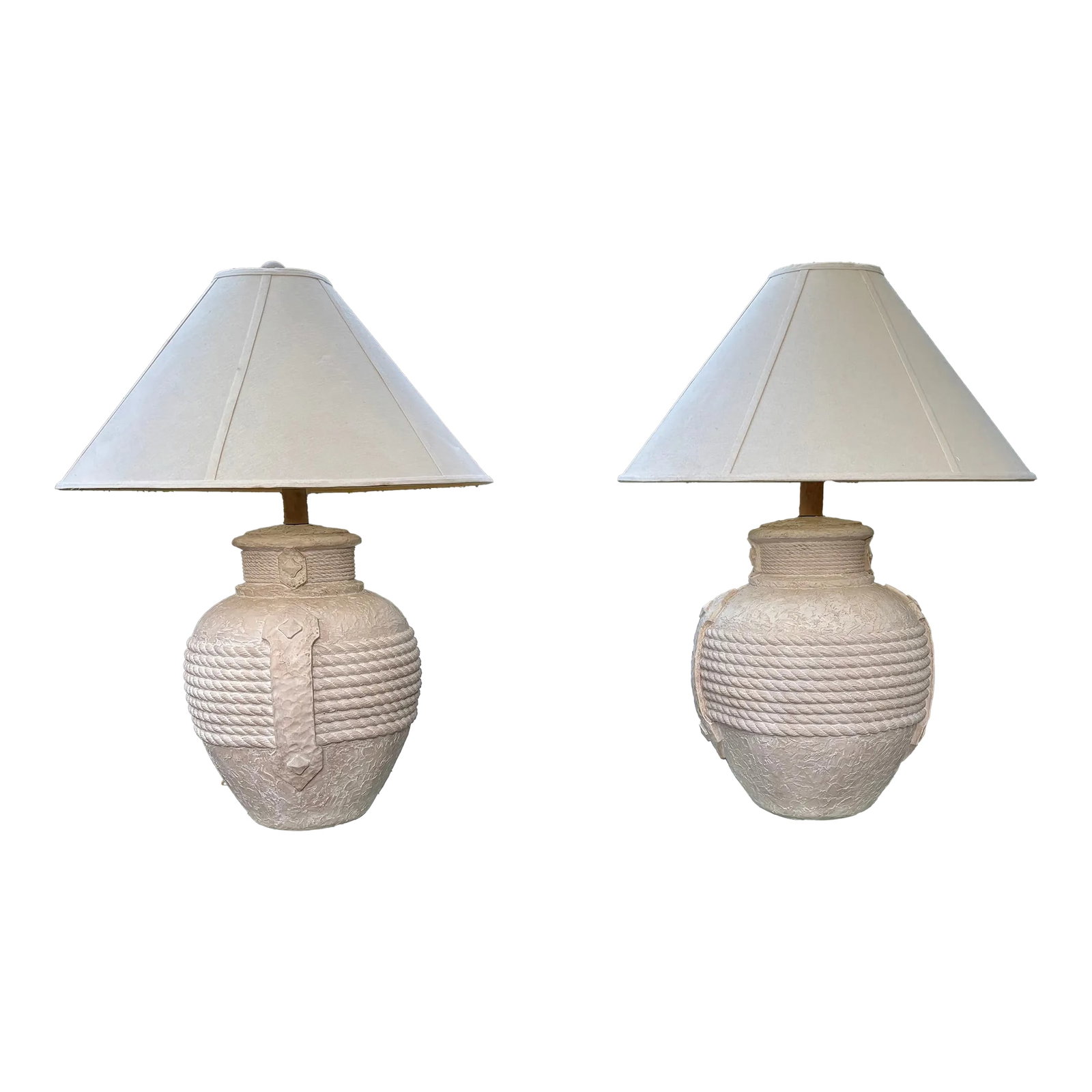 1980's Postmodern Plaster Rope and Handles Table Lamps With Shades, a Pair: Chic pair of plaster table lamps with faux rope and handle detailing. The lamps come with the original custom linen shades and custom round ball finial. Circa 1980's they are absolutely fabulous!